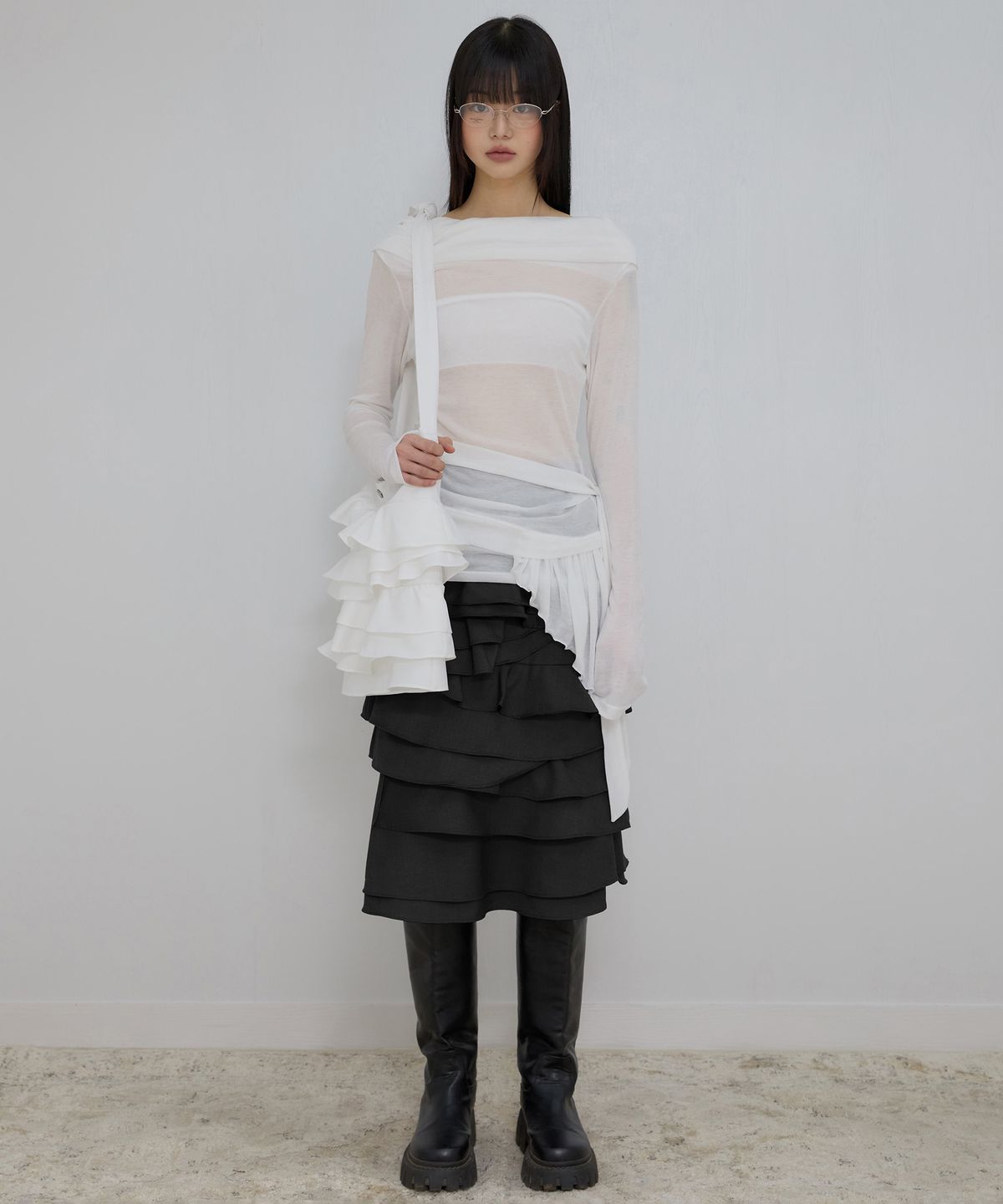플레어업(FLAREUP) Faye Frill Midi Skirt (FL-246_Black)