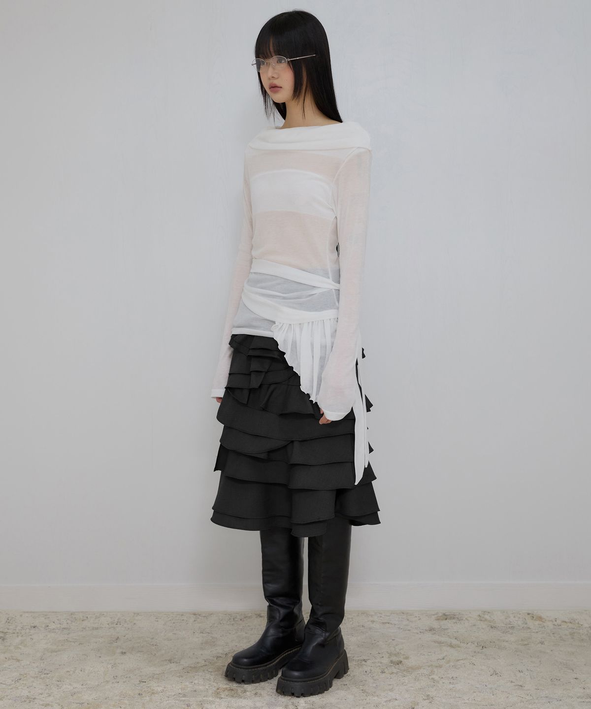 플레어업(FLAREUP) Faye Frill Midi Skirt (FL-246_Black)