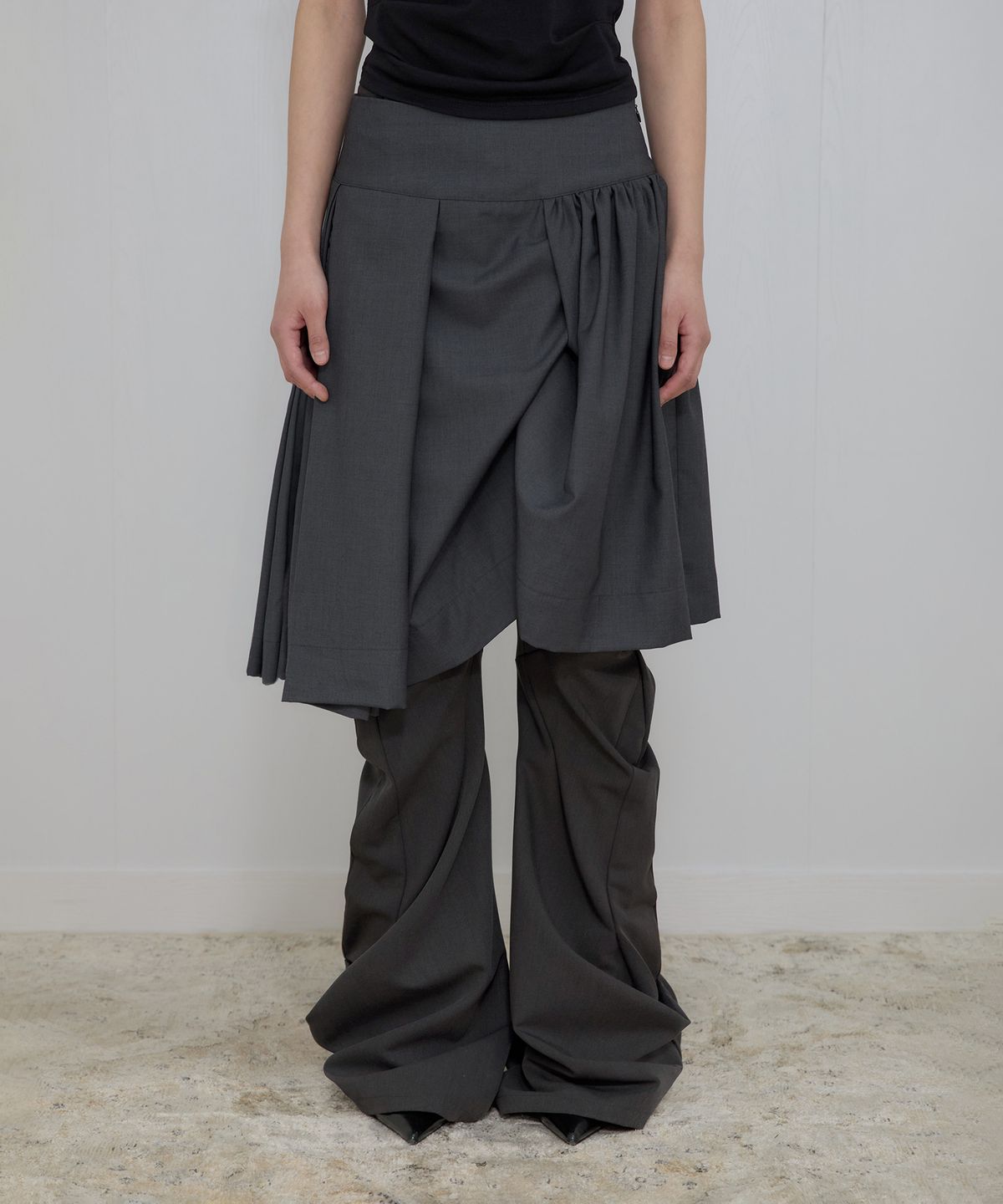 플레어업(FLAREUP) Asymmetrical Draped Midi Skirt (FL-248_Charcoal)
