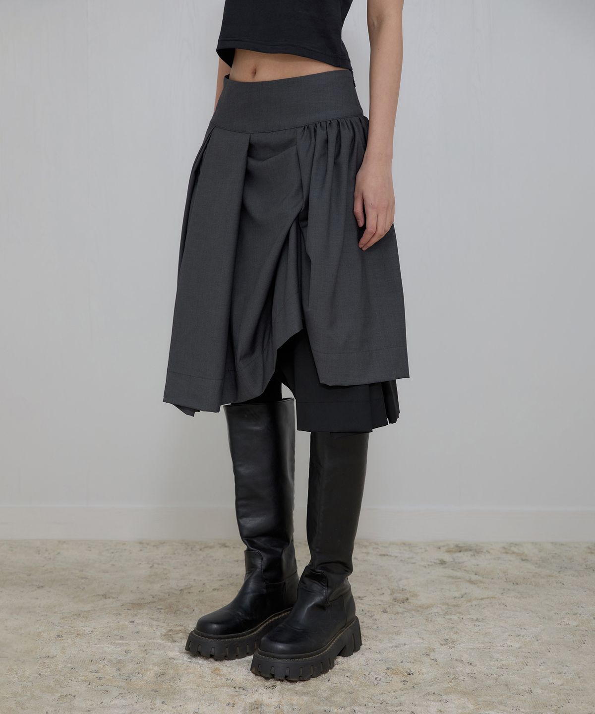 플레어업(FLAREUP) Asymmetrical Draped Midi Skirt (FL-248_Charcoal)