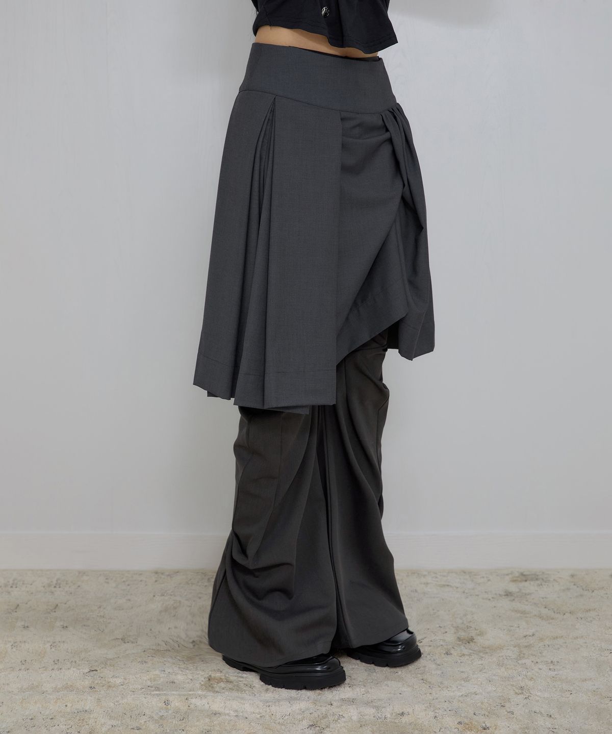 플레어업(FLAREUP) Asymmetrical Draped Midi Skirt (FL-248_Charcoal)