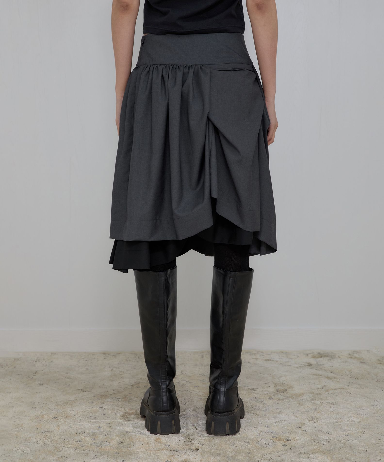 플레어업(FLAREUP) Asymmetrical Draped Midi Skirt (FL-248_Charcoal