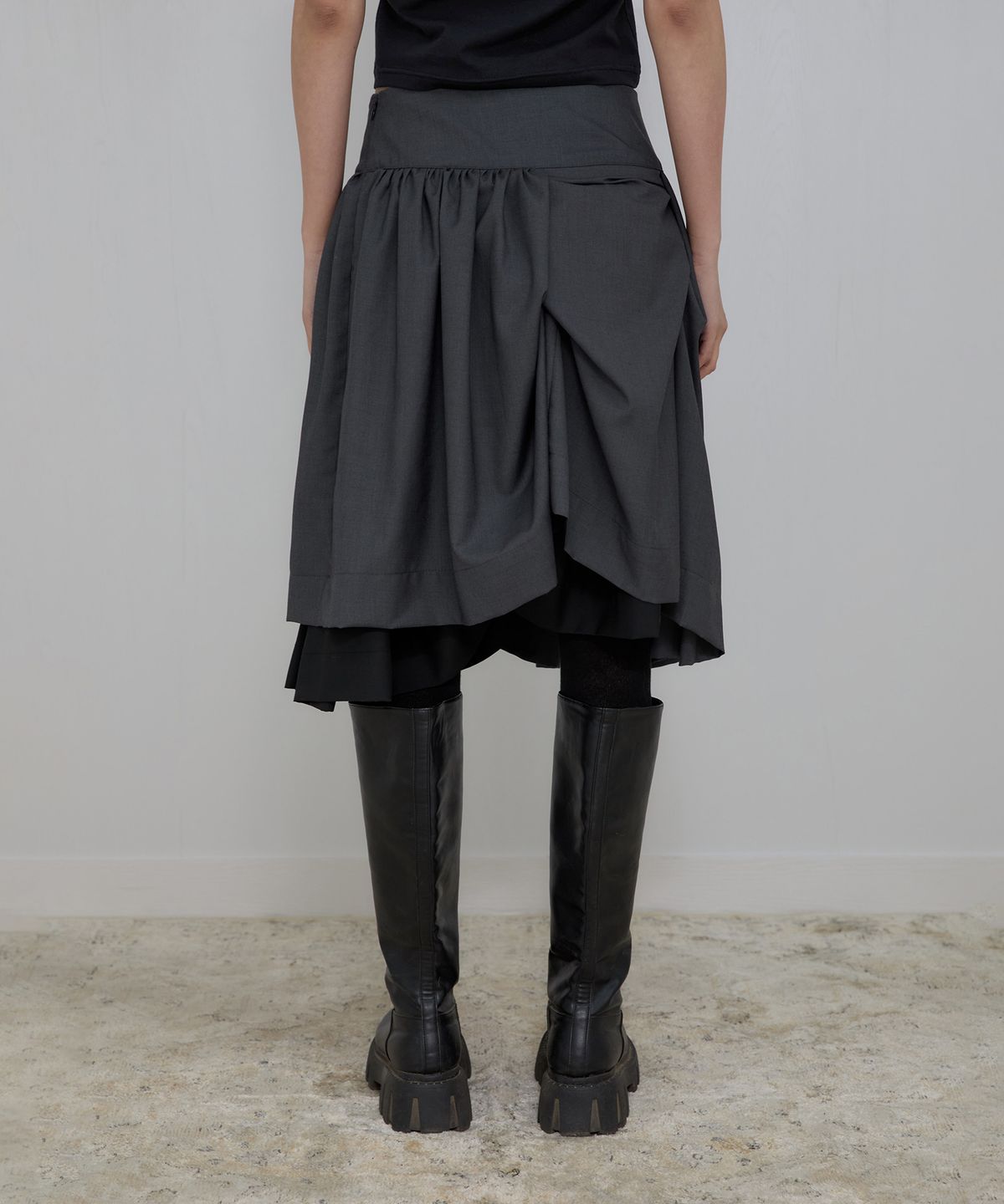 플레어업(FLAREUP) Asymmetrical Draped Midi Skirt (FL-248_Charcoal)