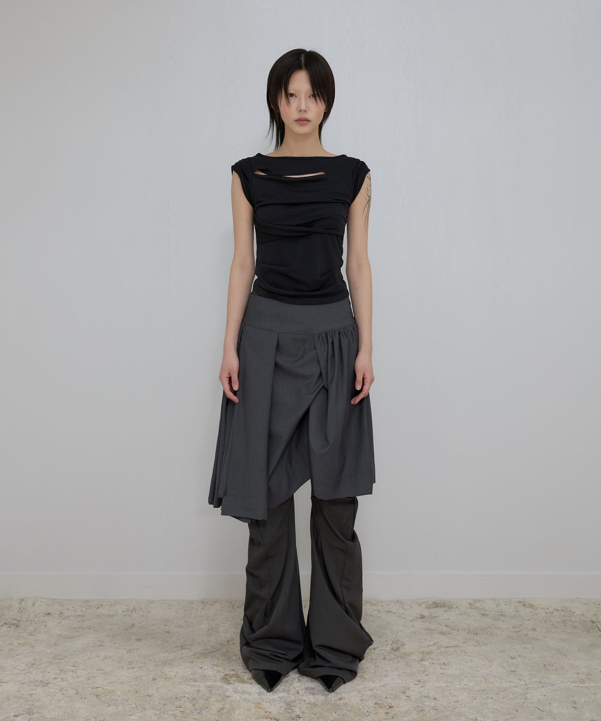 플레어업(FLAREUP) Asymmetrical Draped Midi Skirt (FL-248_Charcoal)