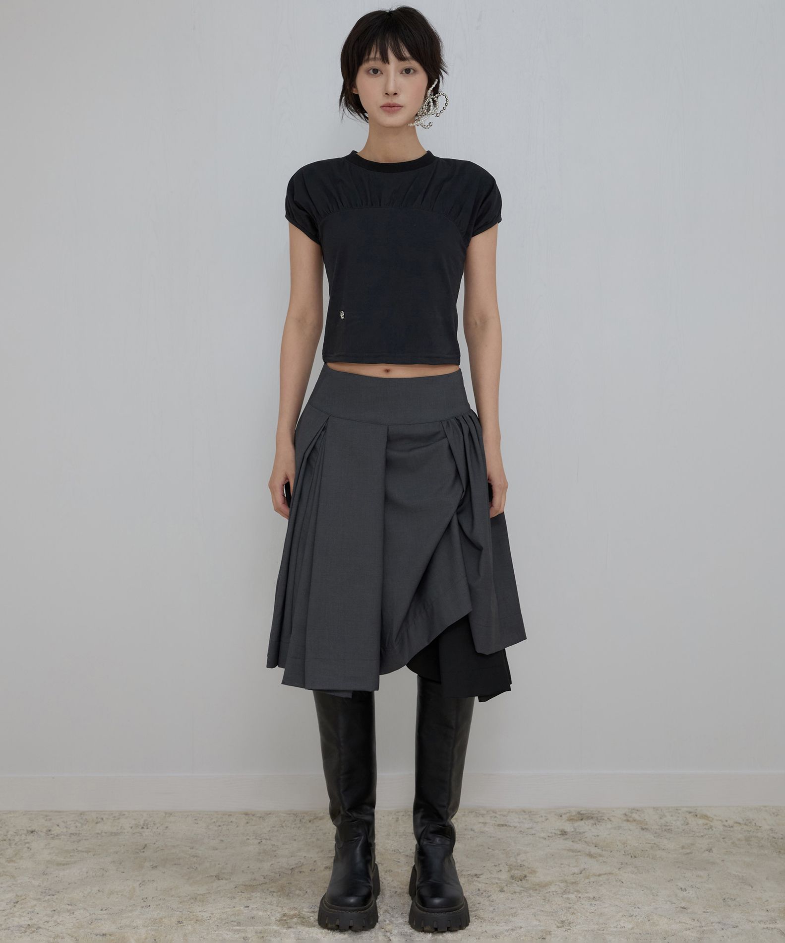 플레어업(FLAREUP) Asymmetrical Draped Midi Skirt (FL-248_Charcoal