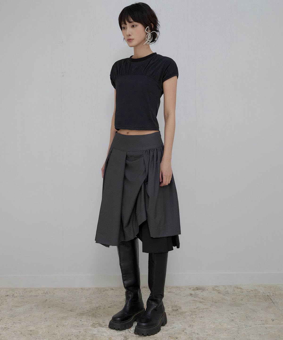 플레어업(FLAREUP) Asymmetrical Draped Midi Skirt (FL-248_Charcoal)