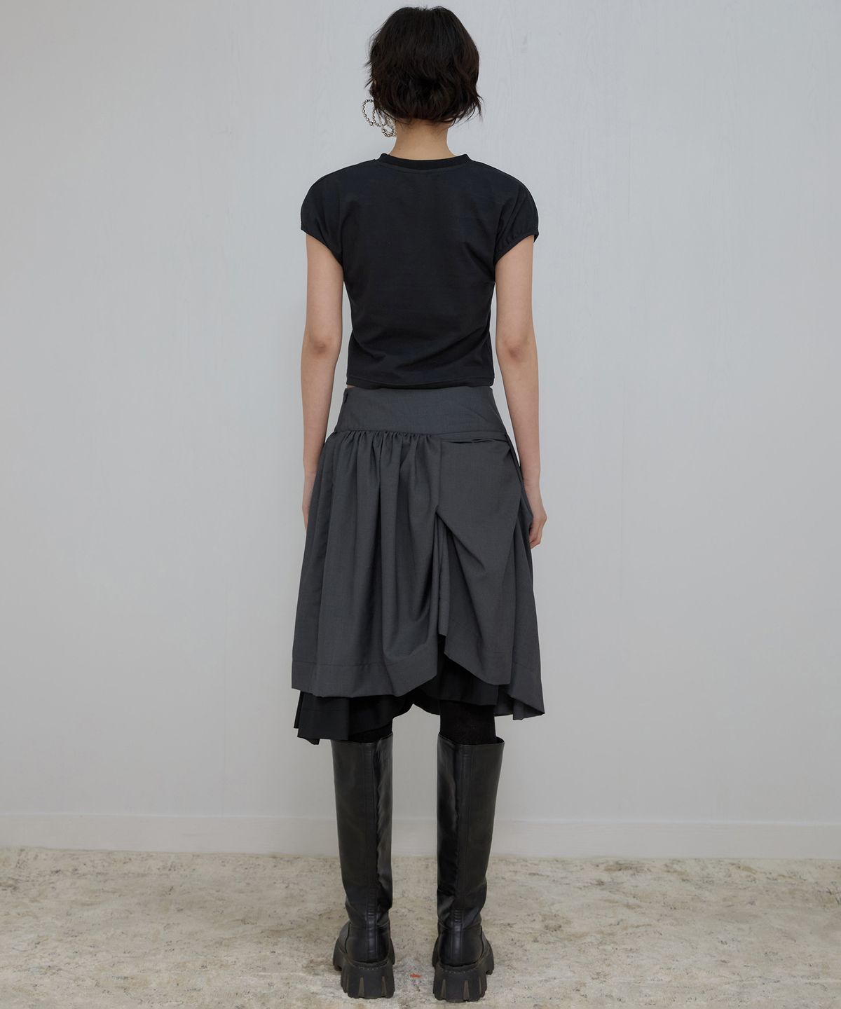 플레어업(FLAREUP) Asymmetrical Draped Midi Skirt (FL-248_Charcoal)