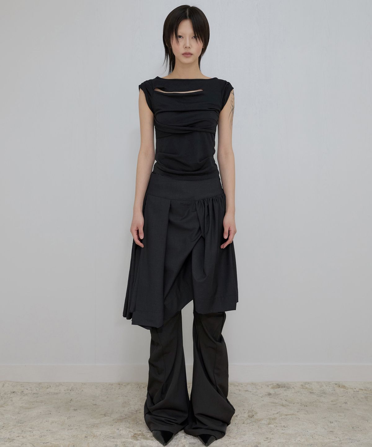 플레어업(FLAREUP) Asymmetrical Draped Midi Skirt (FL-248_Black)
