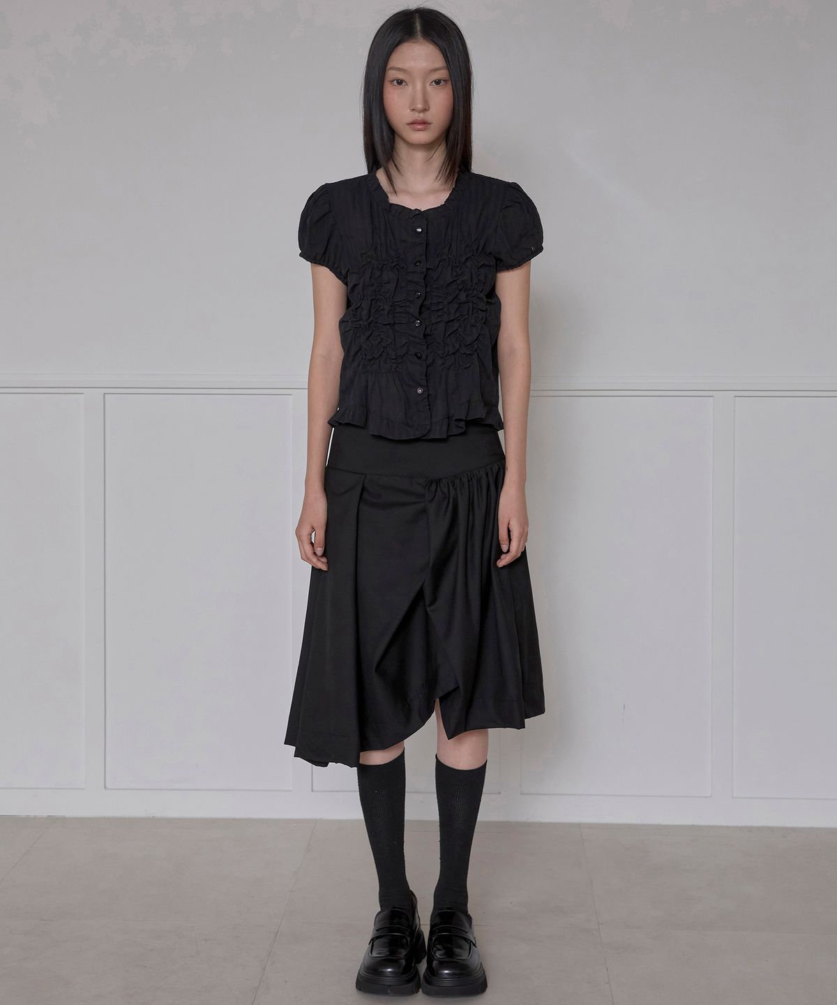 플레어업(FLAREUP) Asymmetrical Draped Midi Skirt (FL-248_Black)