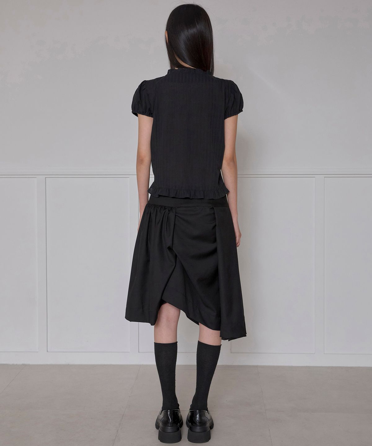 플레어업(FLAREUP) Asymmetrical Draped Midi Skirt (FL-248_Black)