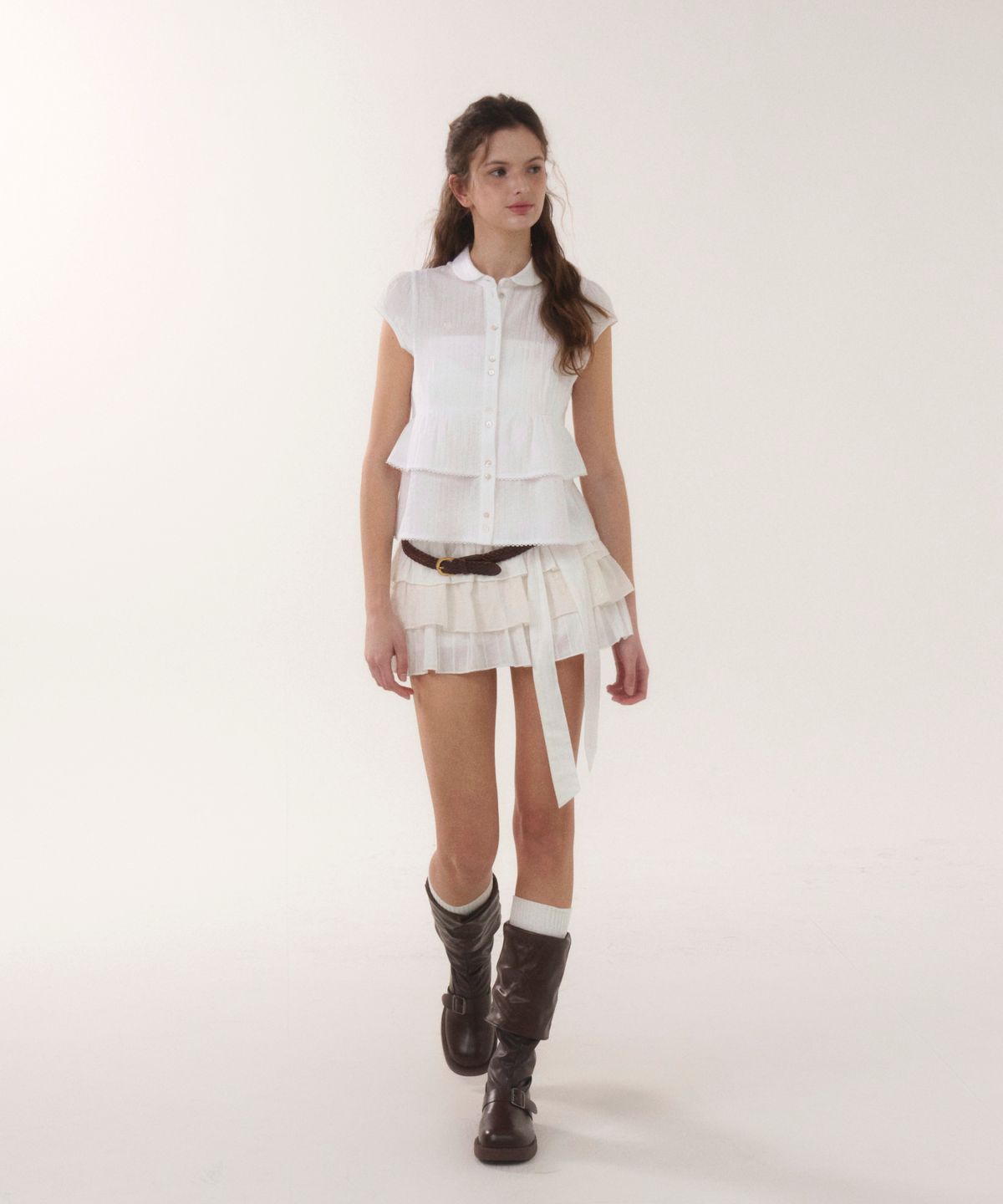 서울리(SEOULI) SOFTY LAYERED BOW SKIRT [WHITE STRIPE]