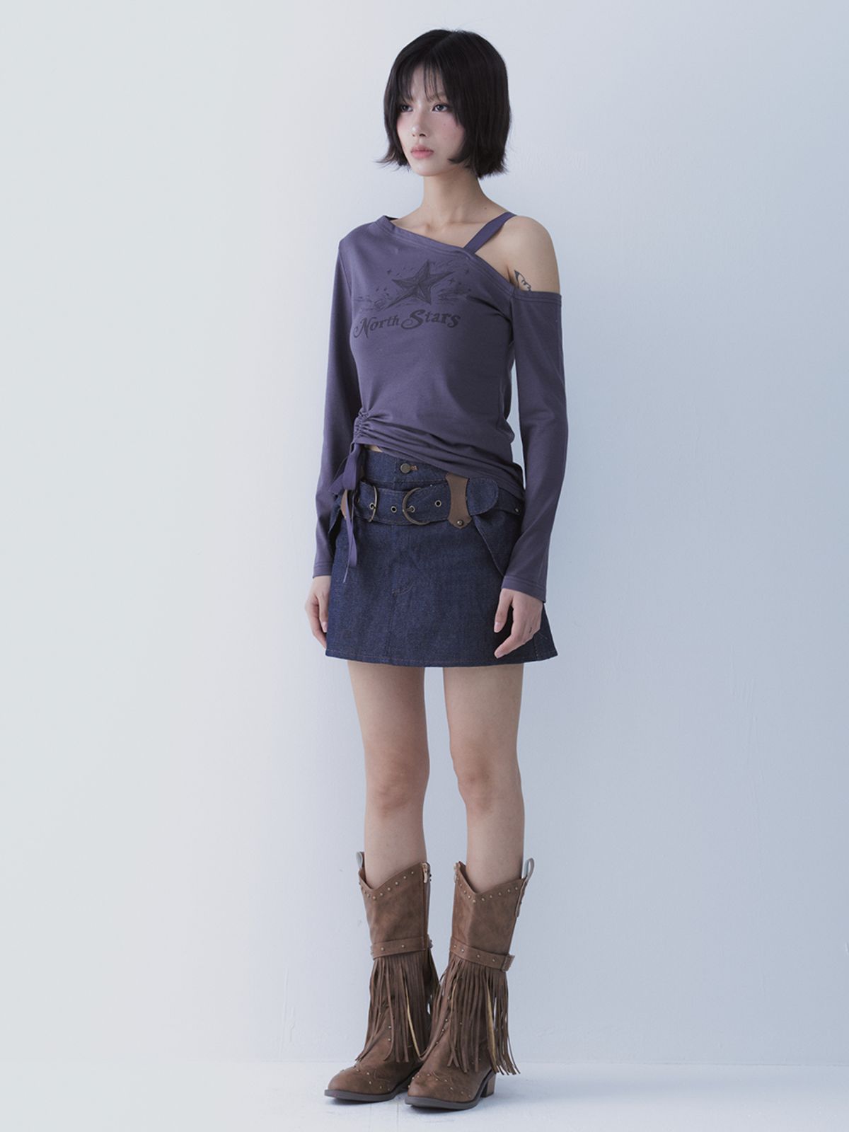 쎄쎄쎄(SETSETSET) BELTED INDIGO DENIM MINI SKIRT