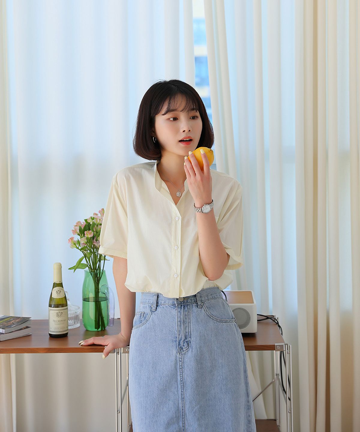 빼빼(BBAEBBAE) 심플포켓 차이나넥 반팔 블라우스