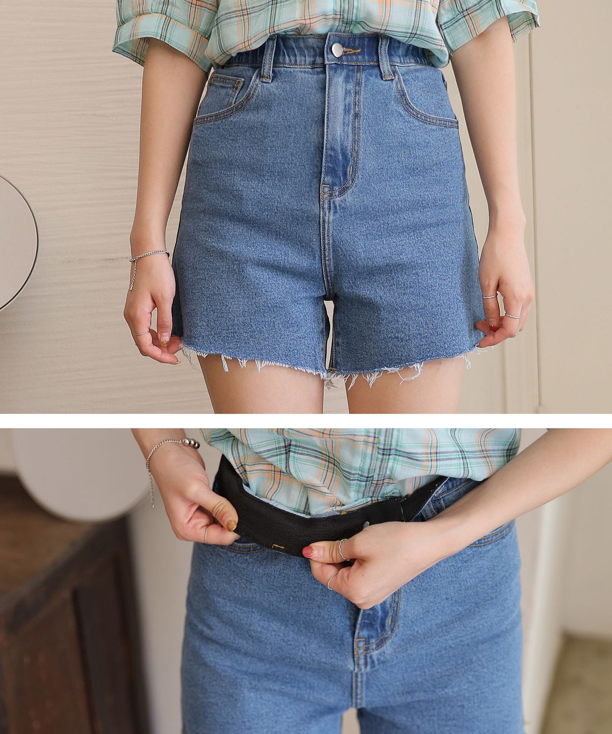 빼빼(BBAEBBAE) 속밴딩 밑단컷팅 하이웨스트 데님 반바지