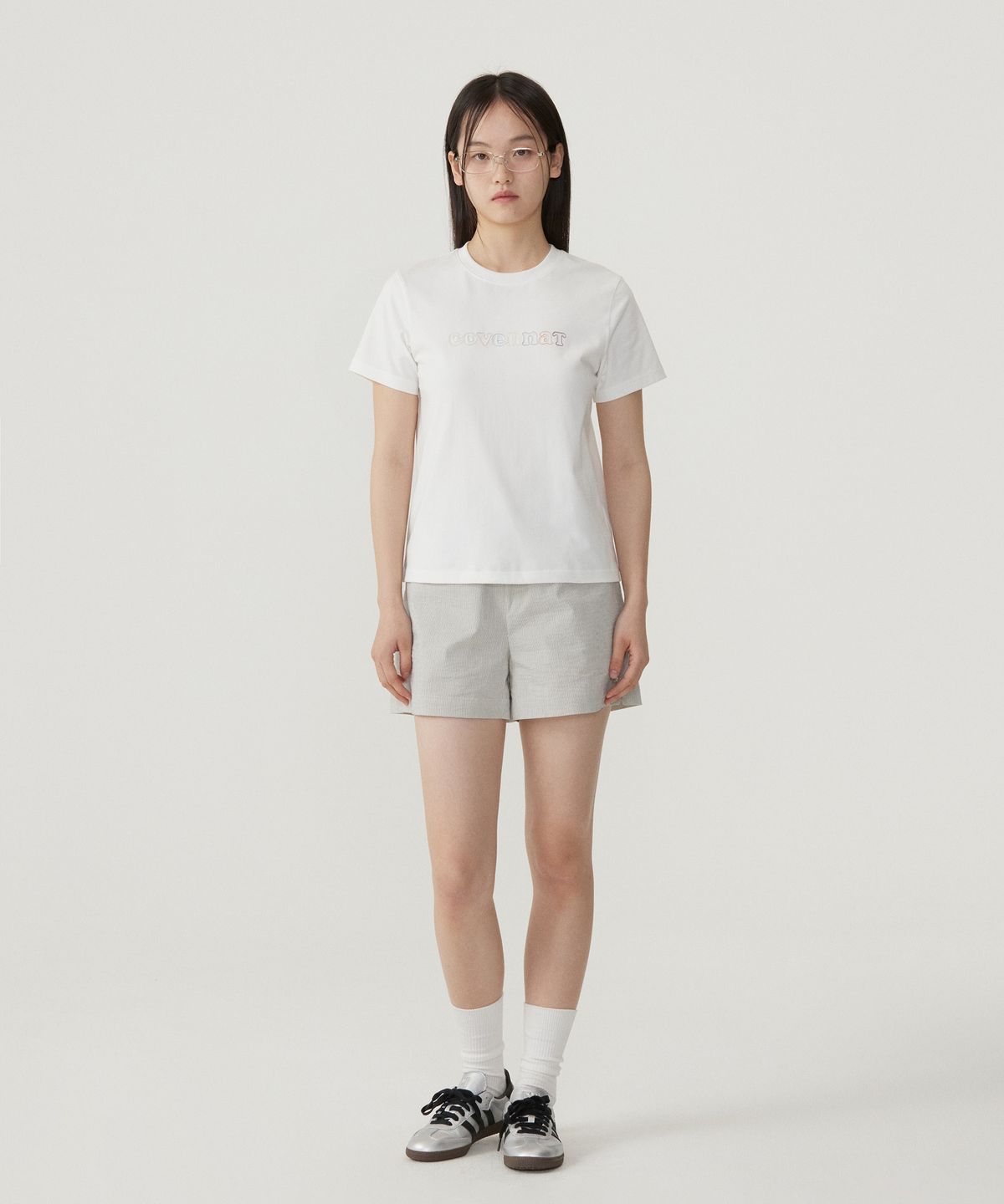 커버낫 우먼(COVERNAT WOMAN) 우먼 스트라이프 코튼 밴딩 쇼츠 Light Gray