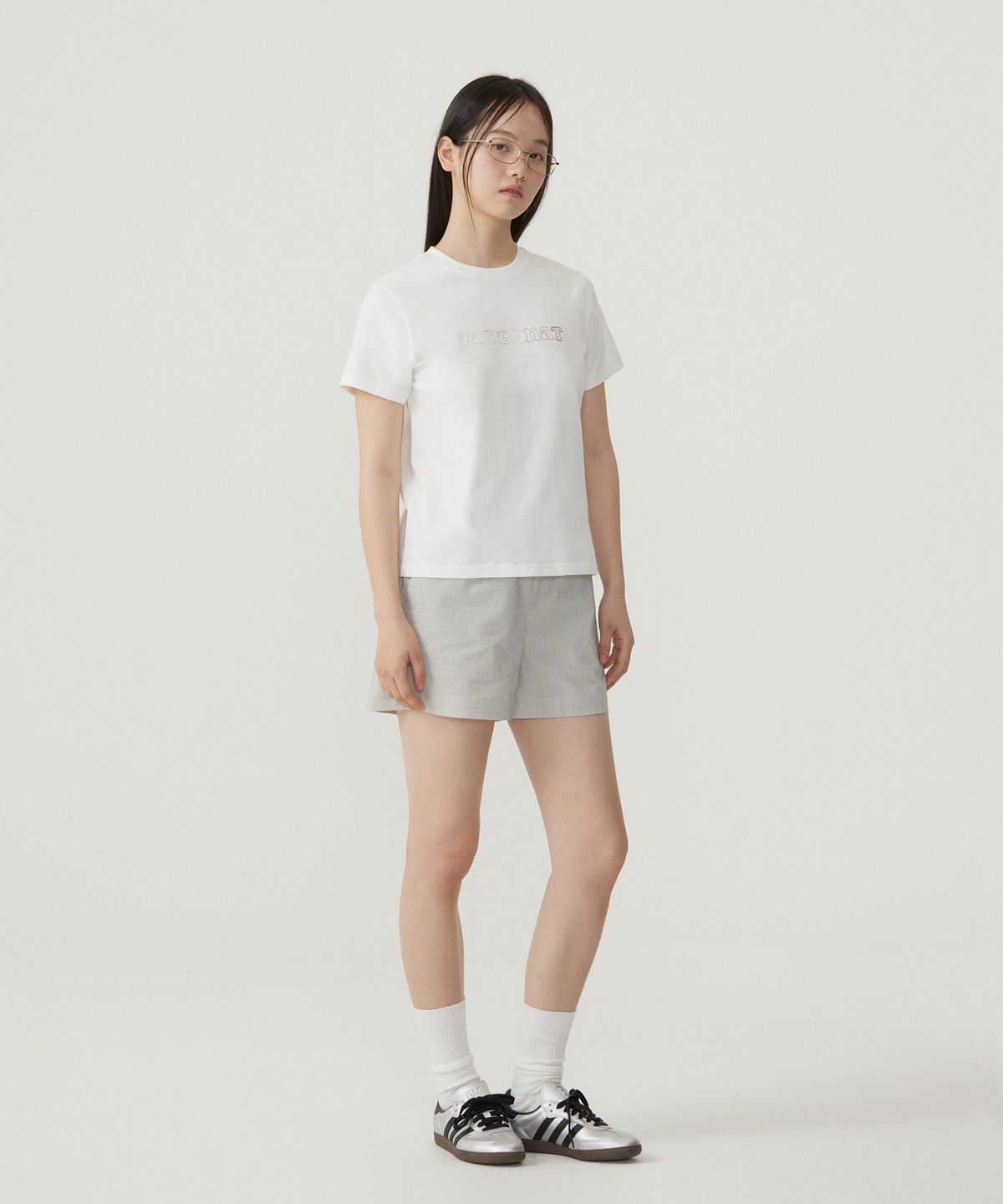 커버낫 우먼(COVERNAT WOMAN) 우먼 스트라이프 코튼 밴딩 쇼츠 Light Gray