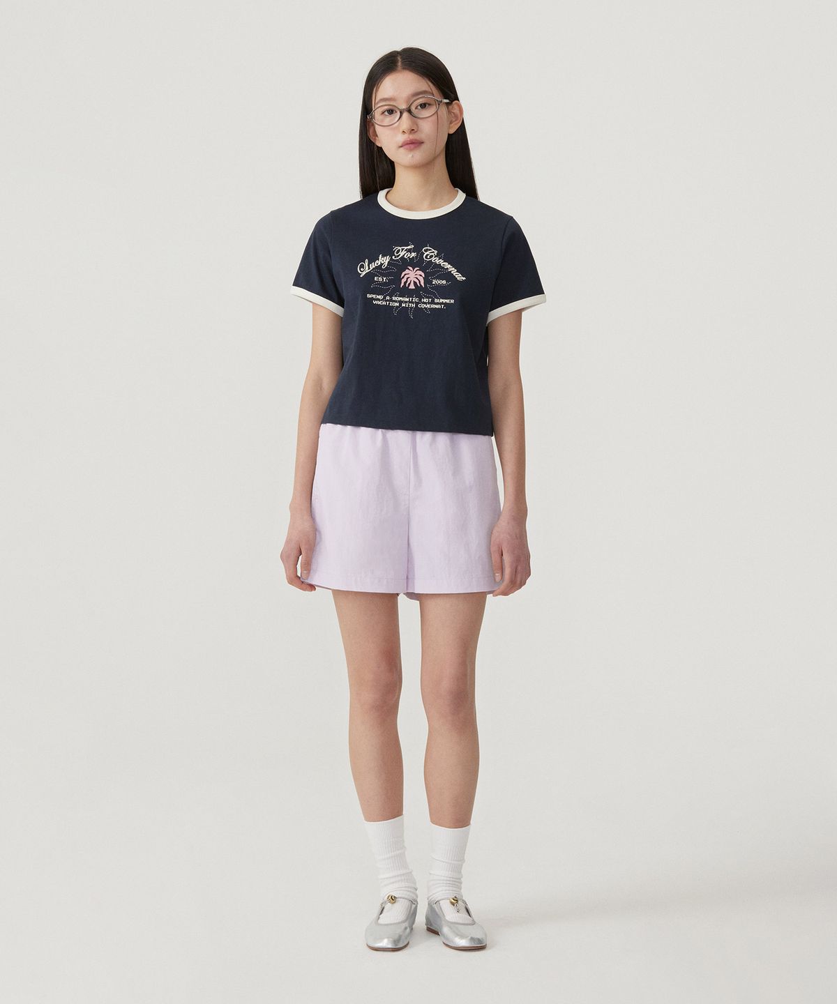 커버낫 우먼(COVERNAT WOMAN) 우먼 썸머 그래픽 링거 티셔츠 Navy