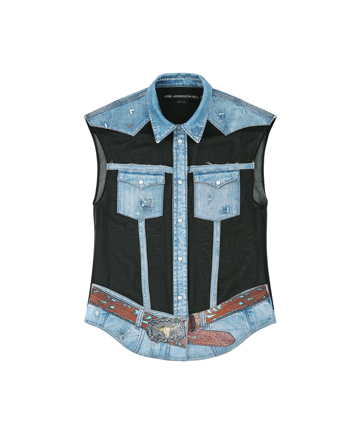 앤더슨벨(ADSB ANDERSSON BELL) 데님 프린트 슬리브리스 셔츠 atb1303w(DENIM/BLACK)