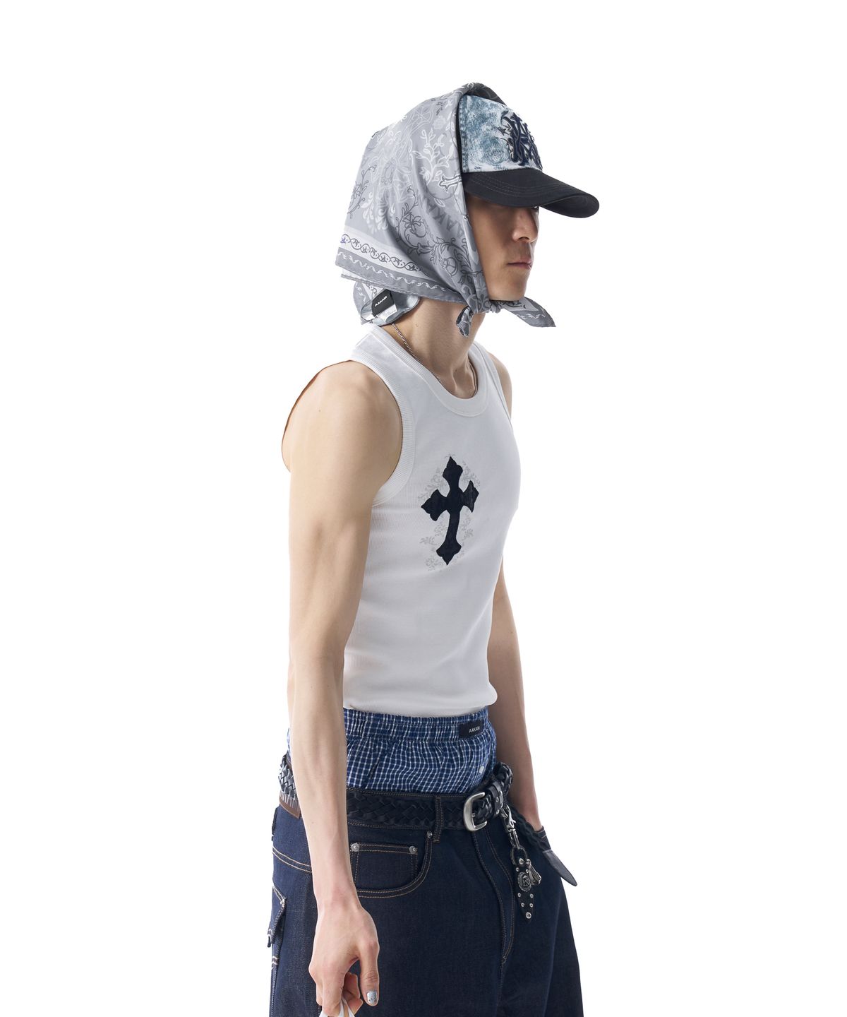 아캄(AAKAM) X-Cross Printed Scarf (Gray)