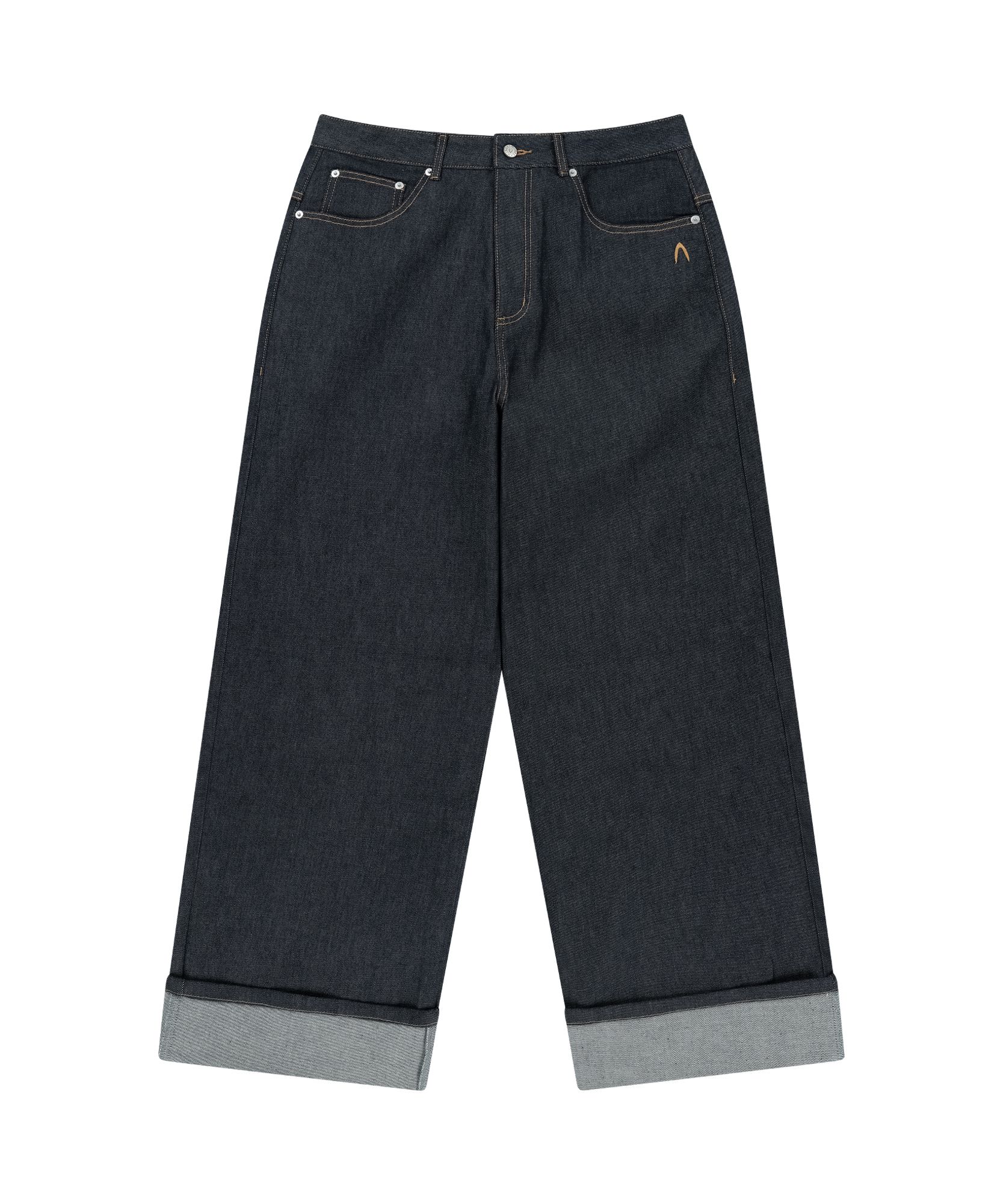 MUSINSA | AAKAM Cinch Back Denim Pants (Dark Blue)