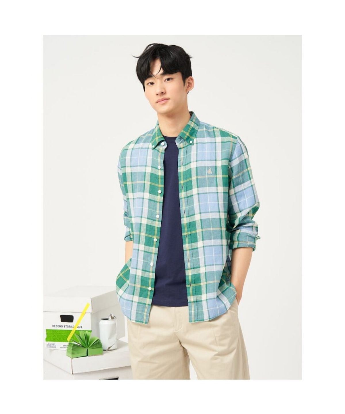 빈폴 멘(BEANPOLE MEN) 리넨 체크 셔츠  그린 (BC5364C25M)