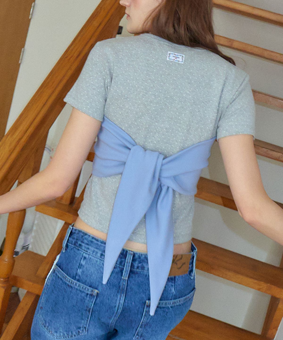 론론(RONRON) KNOT BUSTIER 2 WAY SHORT SLEEVE T SHIRT BLUE GREY DOT