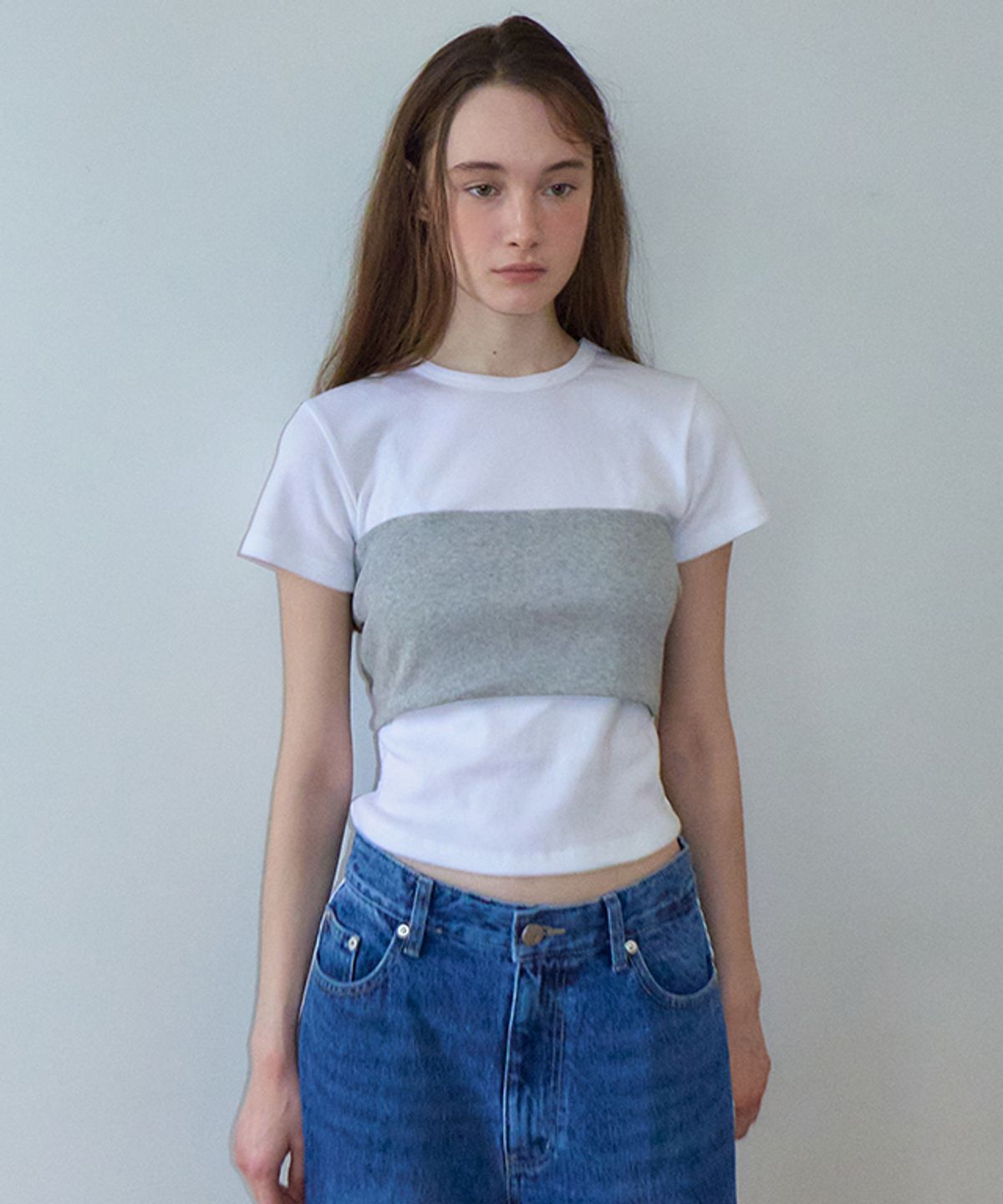 론론(RONRON) KNOT BUSTIER 2 WAY SHORT SLEEVE T SHIRT WHITE GREY