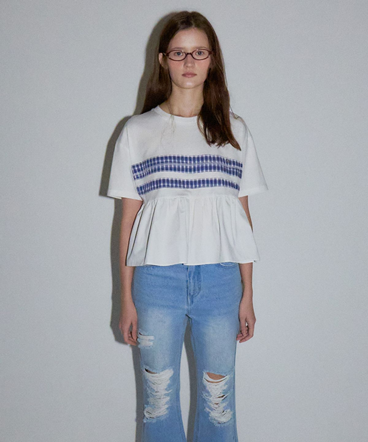 론론(RONRON) PATCHWORK RUFFLE SHORT SLEEVE T SHIRT WHITE