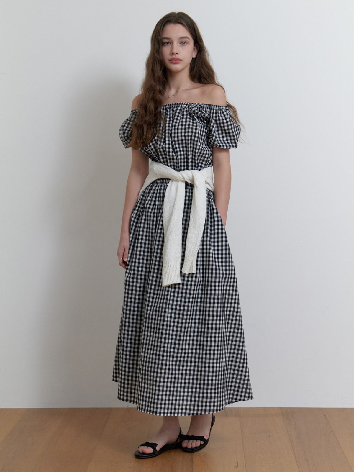 리엘(RE L) Pluie shirring dress (black check)