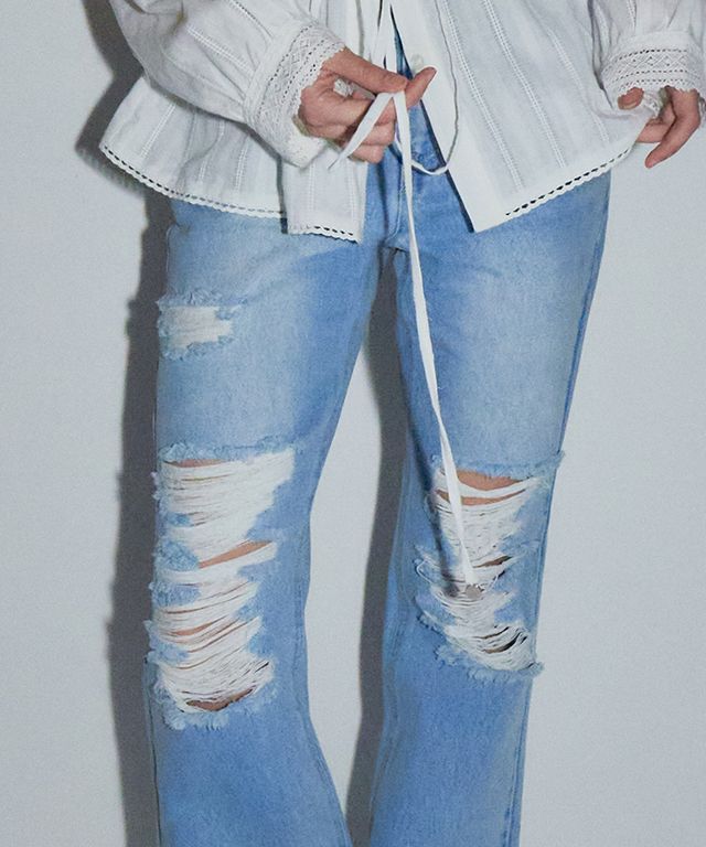 ★2025SS新作★RONRON★DAMAGE BOOTSCUT DENIM PANTS MUSINSA | RONRON DAMAGE BOOTSCUT DENIM PANTS LIGHT BLUE
