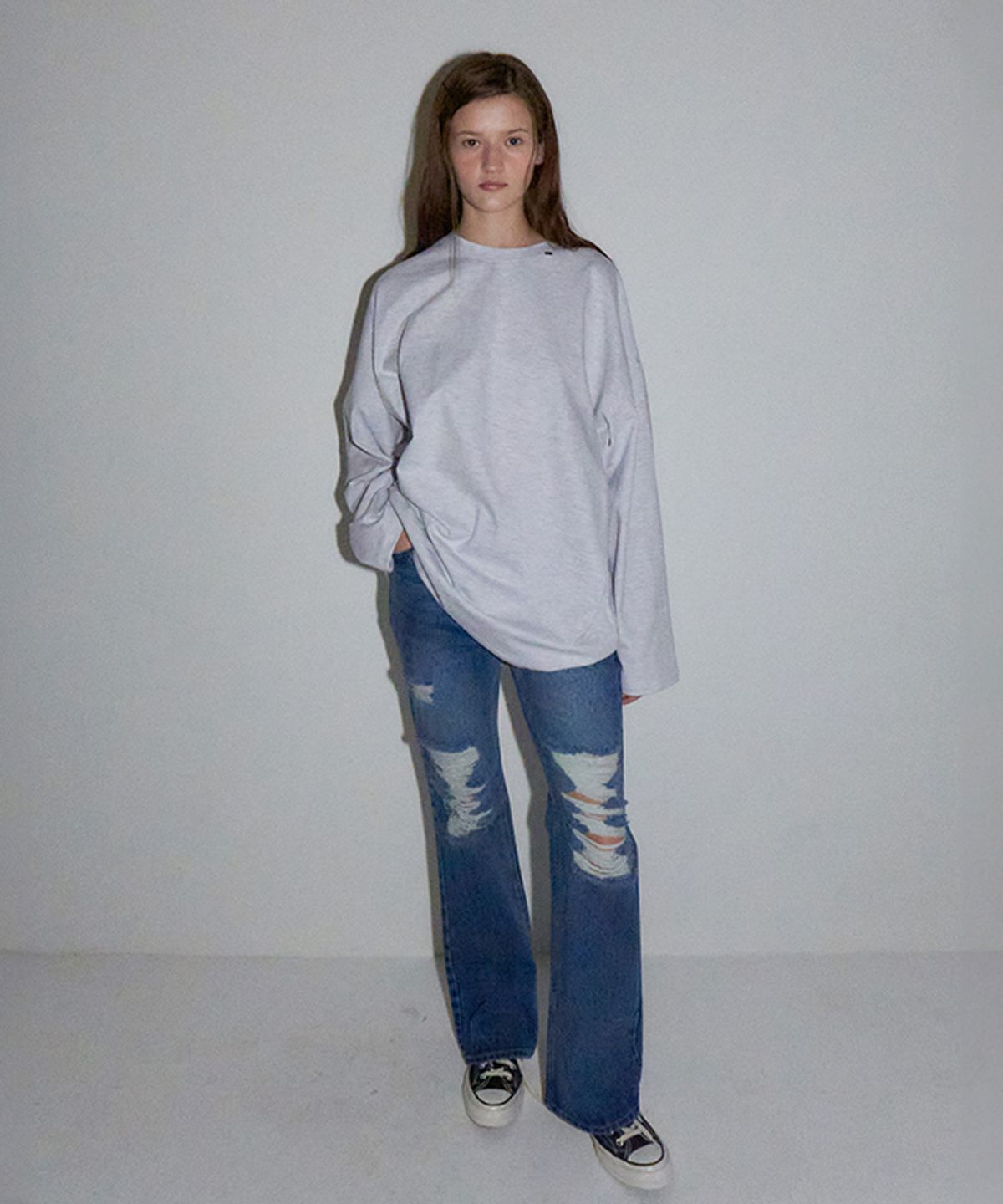 론론(RONRON) DAMAGE BOOTSCUT DENIM PANTS MEDIUM BLUE