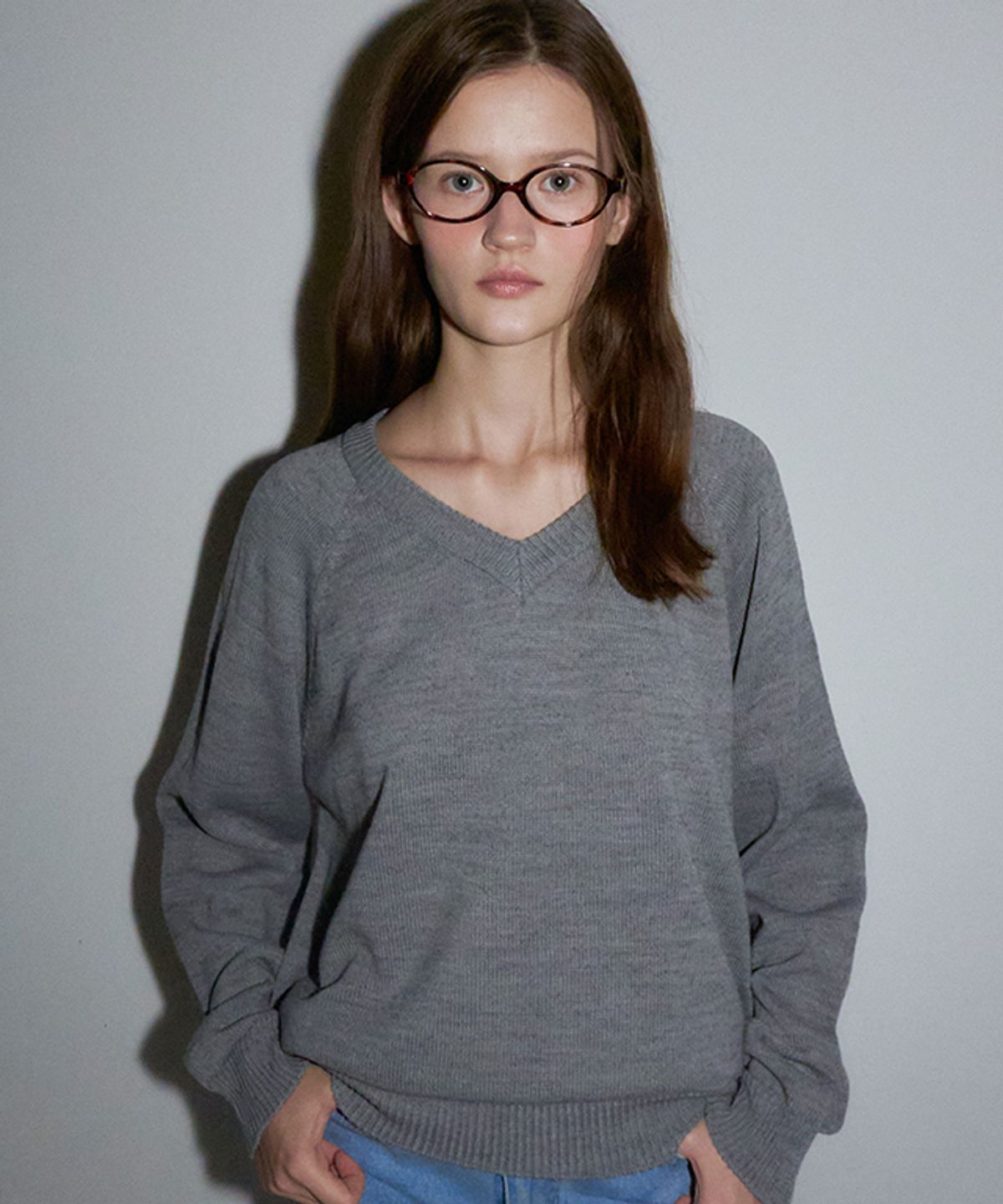 론론(RONRON) COZY LOOSE FIT V NECK KNIT MELANGE GREY