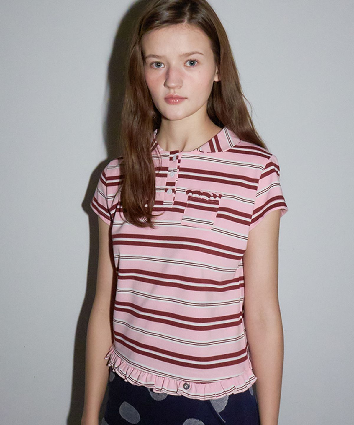 론론(RONRON) RUFFLE ROUND COLLAR PK T SHIRT PINK STRIPE