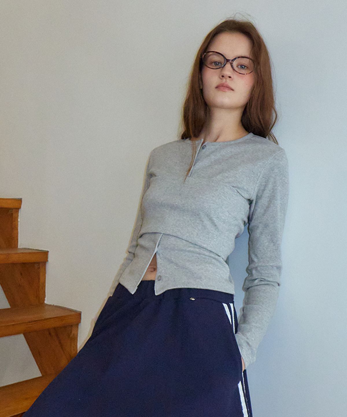론론(RONRON) LAYERED BUSTIER TIE BACK SLIM FIT CARDIGAN GREY