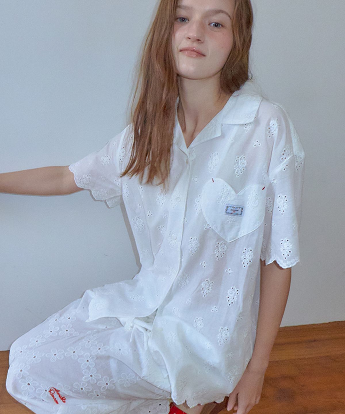 론론(RONRON) [SET] COTTON EYELET SCALLOP SHIRT SET UP