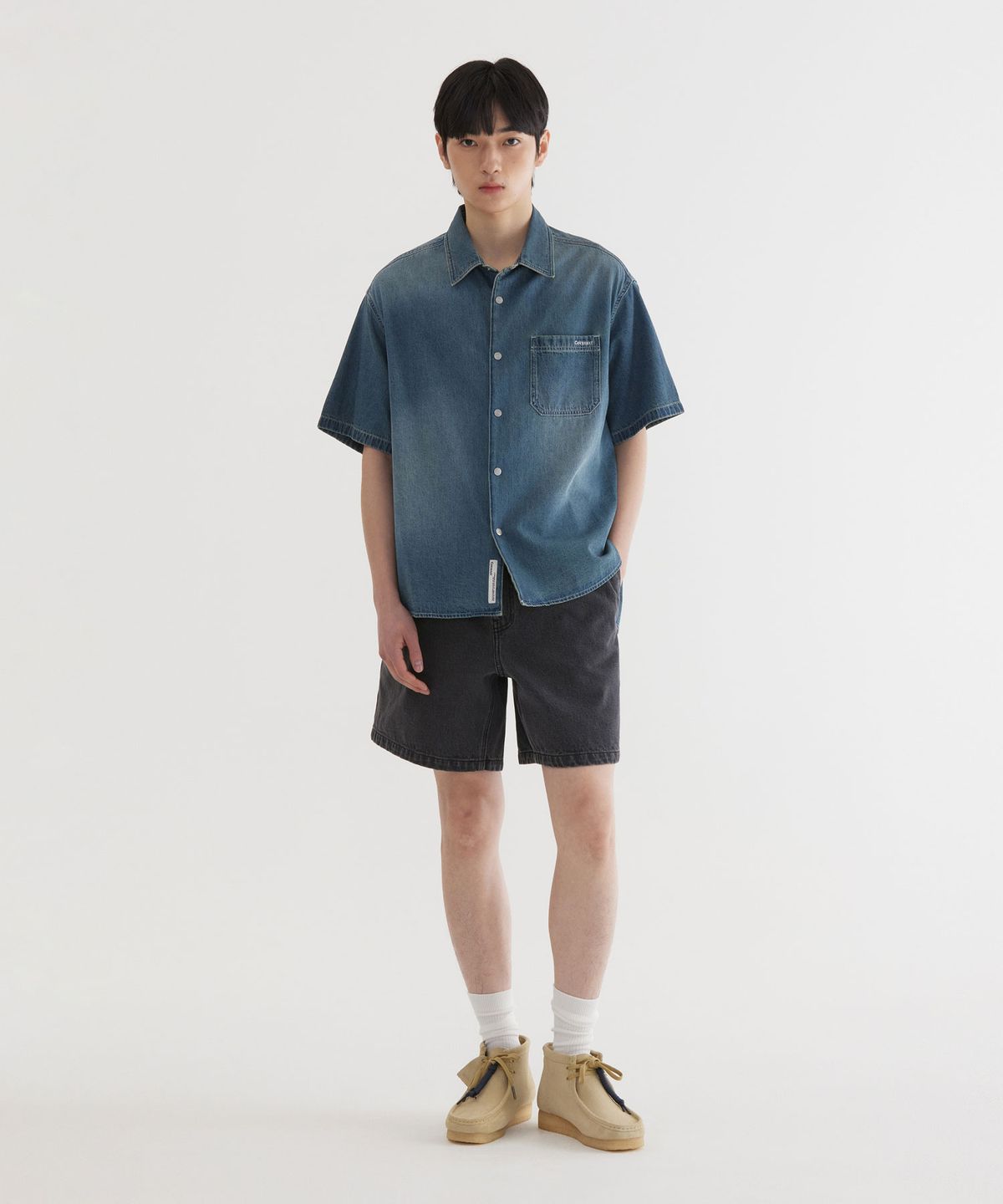 커버낫(COVERNAT) 워싱 데님 하프 셔츠 Blue