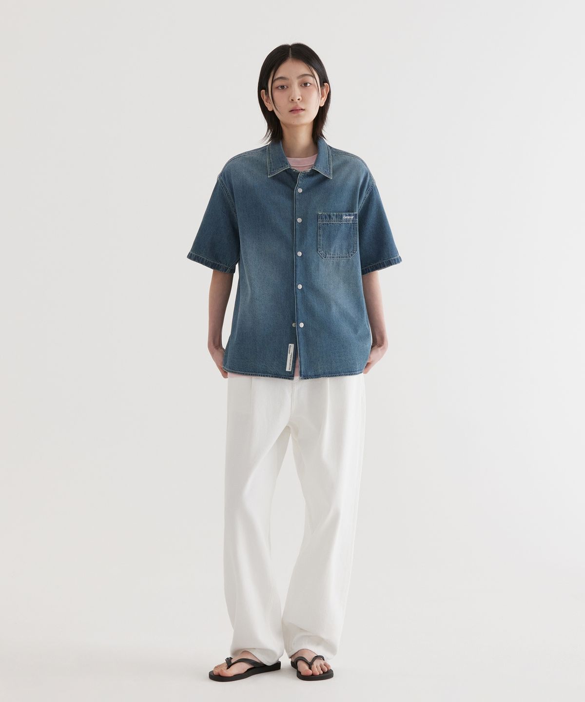 커버낫(COVERNAT) 워싱 데님 하프 셔츠 Blue