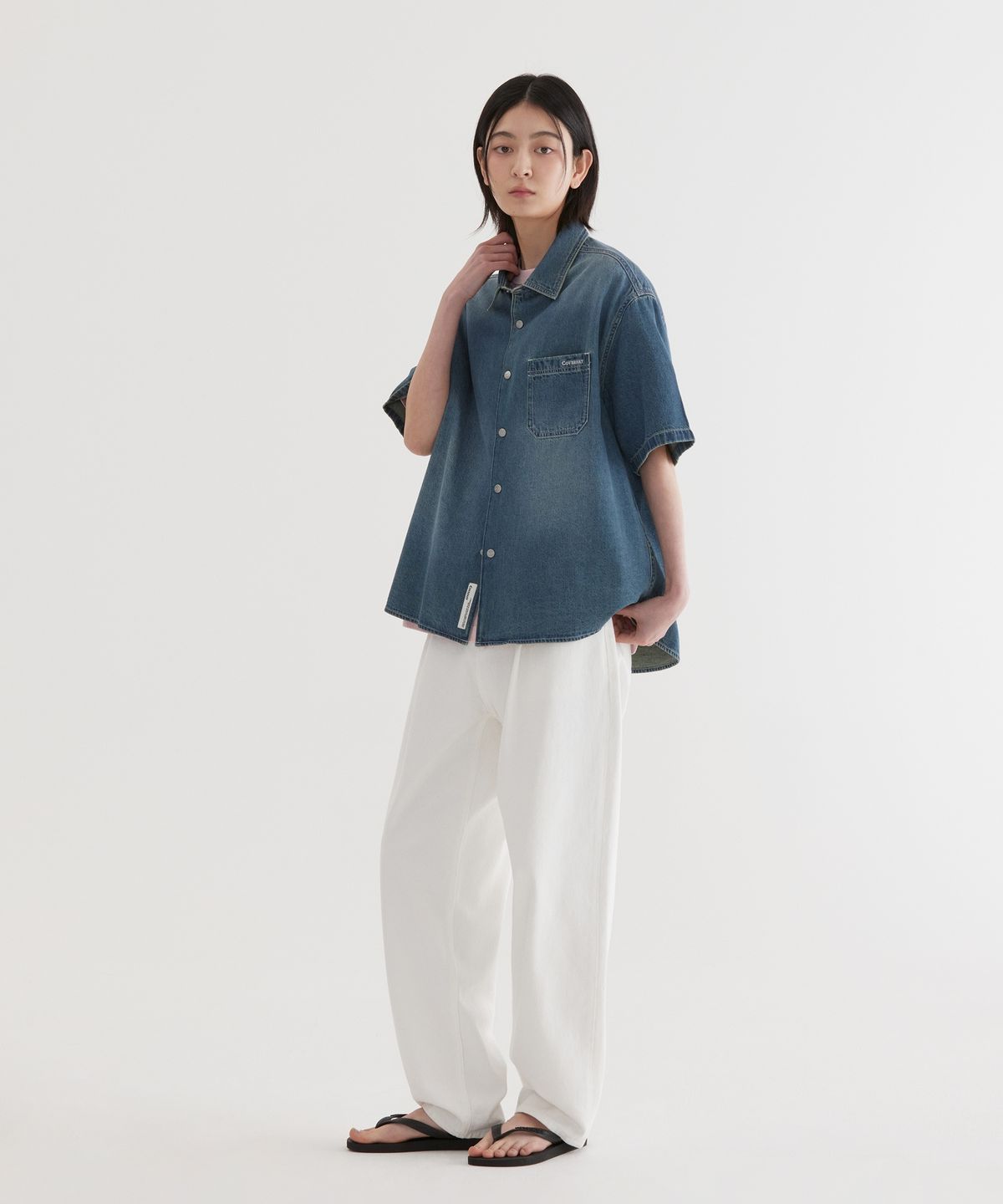 커버낫(COVERNAT) 워싱 데님 하프 셔츠 Blue