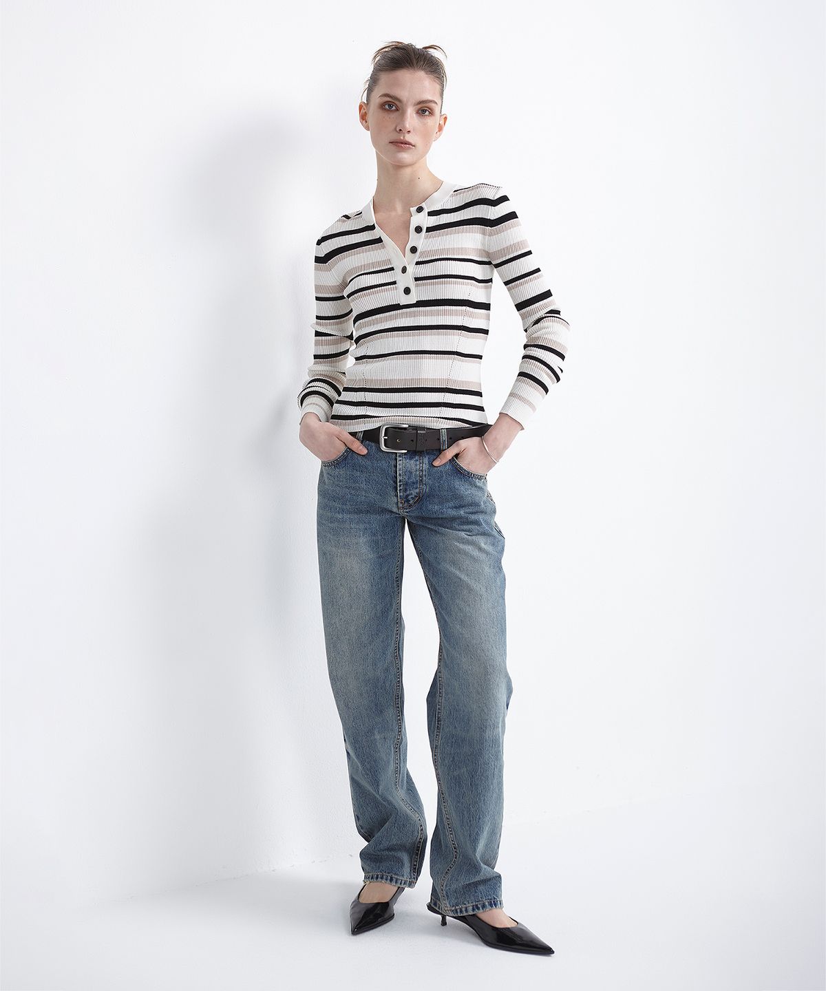 이안조(EAN JO) 5-BUTTON PULLOVER HENLEY NECK KNIT (STRIPE)