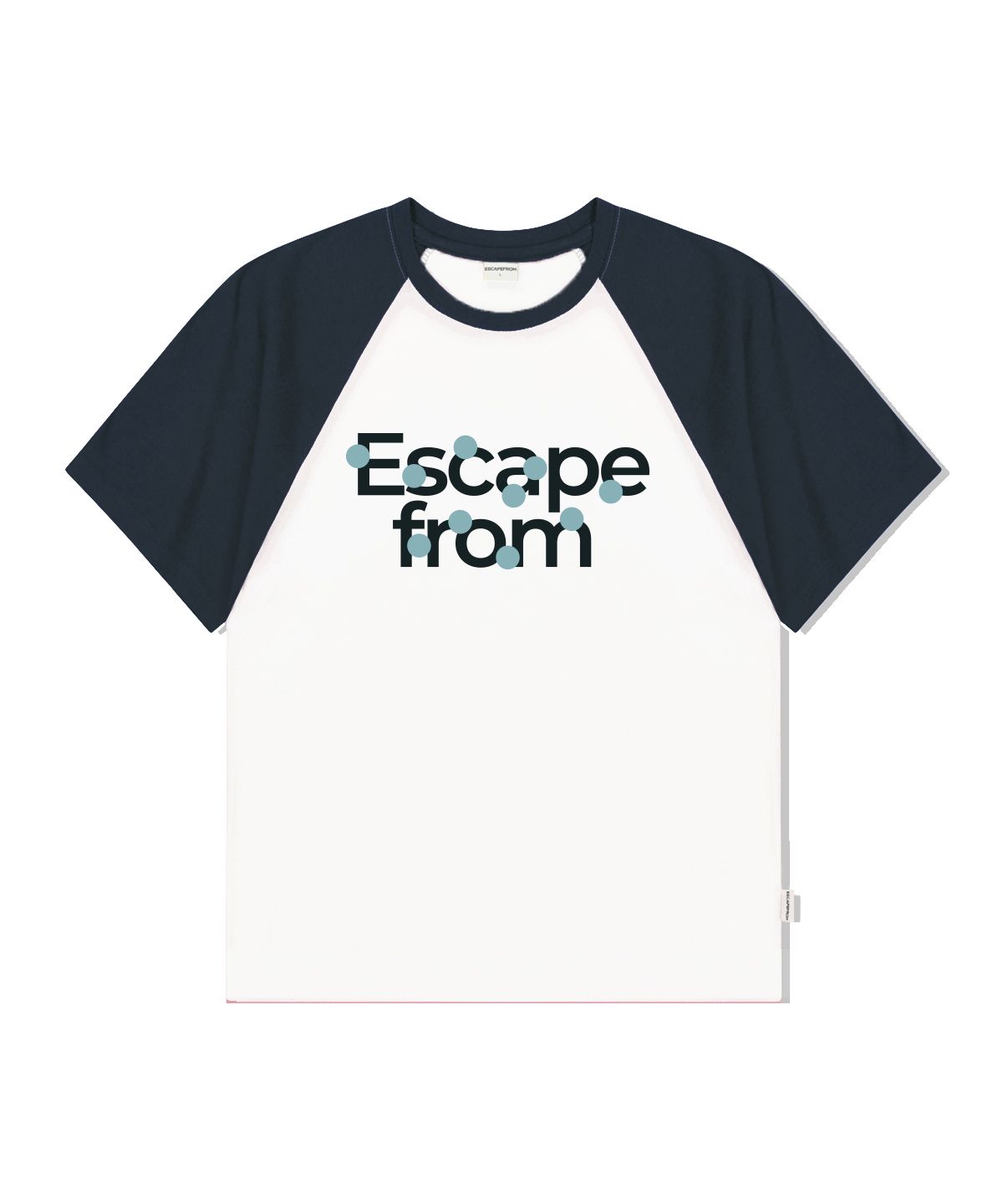 이스케이프프롬(ESCAPEFROM) 로고 블루 써클 프린트 래글런 배색 반팔티 네이비