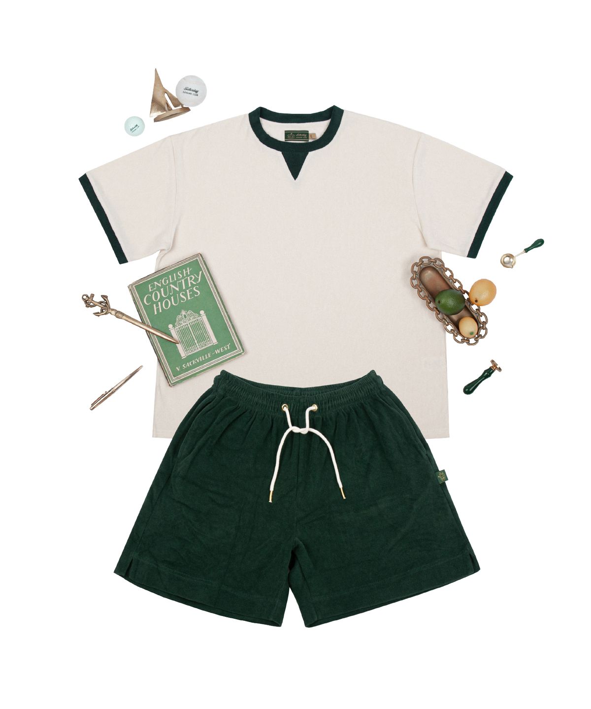 세러데이 레저 클럽(SATURDAY LEISURE CLUB) Leisure Terry Ringer T-Shirt (Unisex) - British Racing Green & Ivory