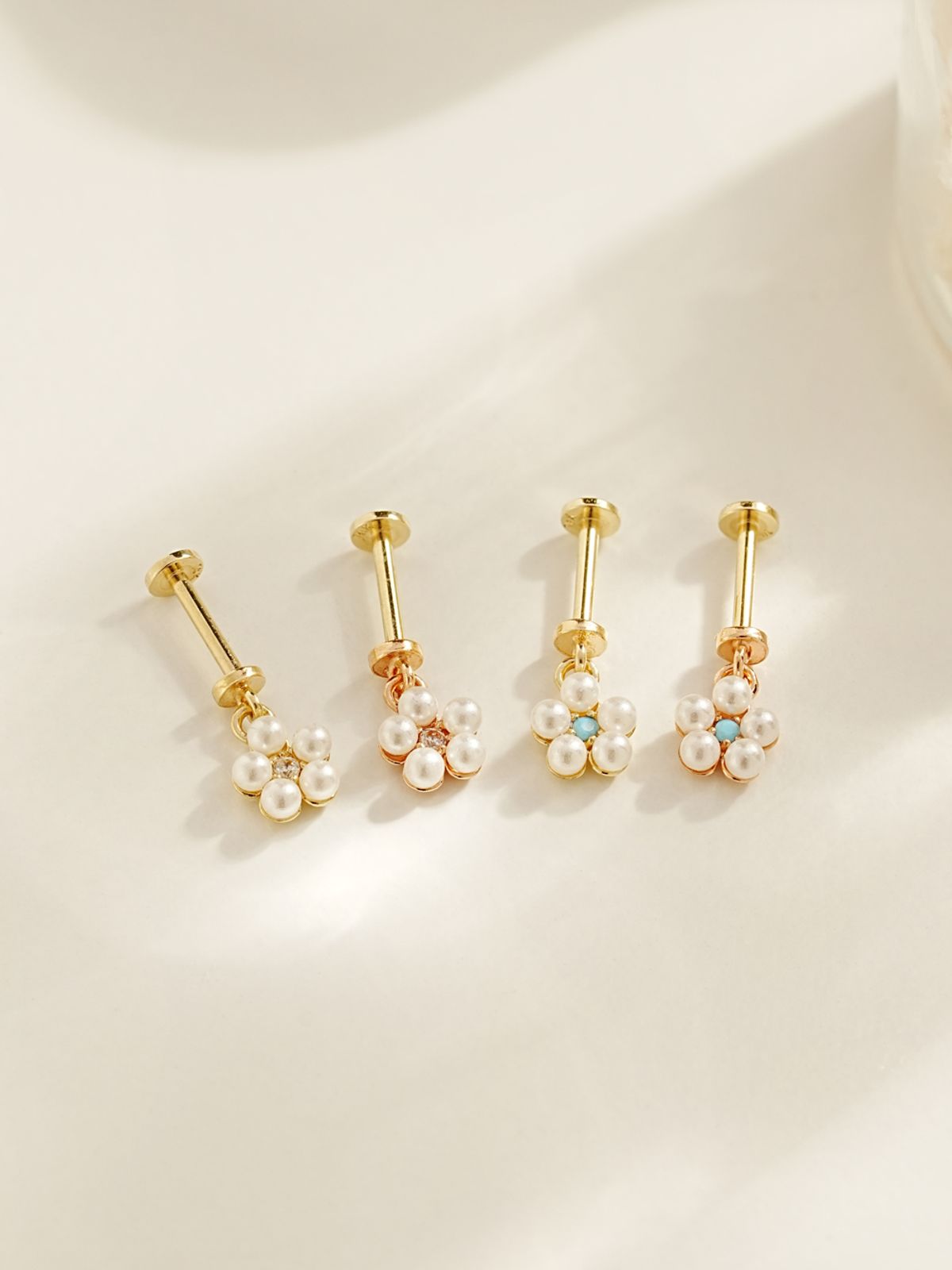 미니멀피어싱(MINIMALPIERCING) [0.8mm]14K 인터널 진주 플라워 큐빅 드롭 라블렛 피어싱 귀걸이