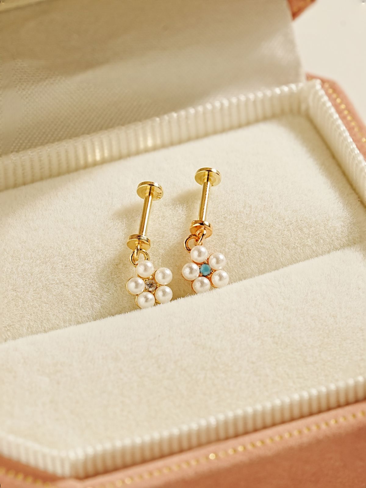 미니멀피어싱(MINIMALPIERCING) [0.8mm]14K 인터널 진주 플라워 큐빅 드롭 라블렛 피어싱 귀걸이