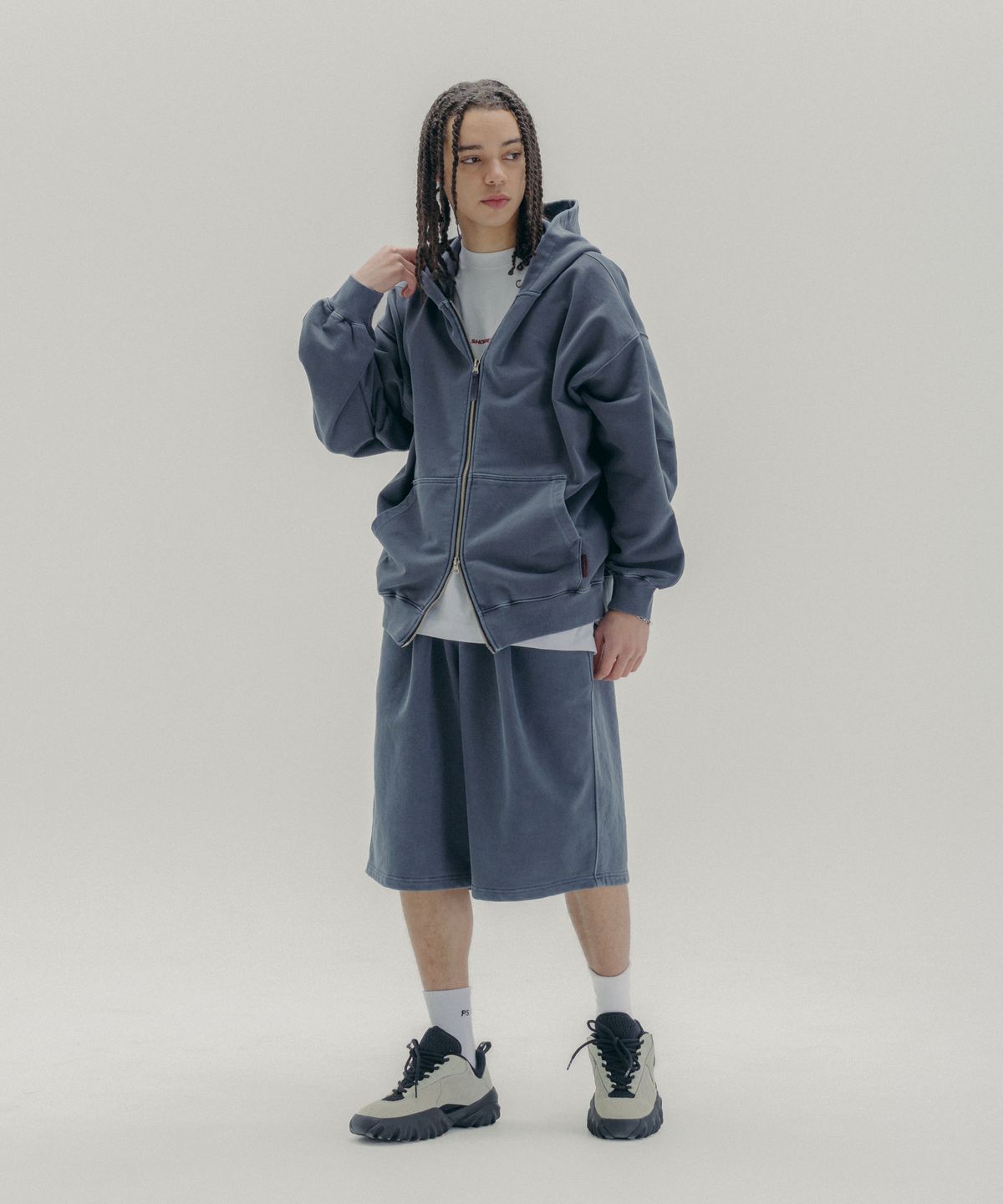 피에스쇼퍼(PSSHOPPER) 피그먼트 와이드 반바지 [네이비]