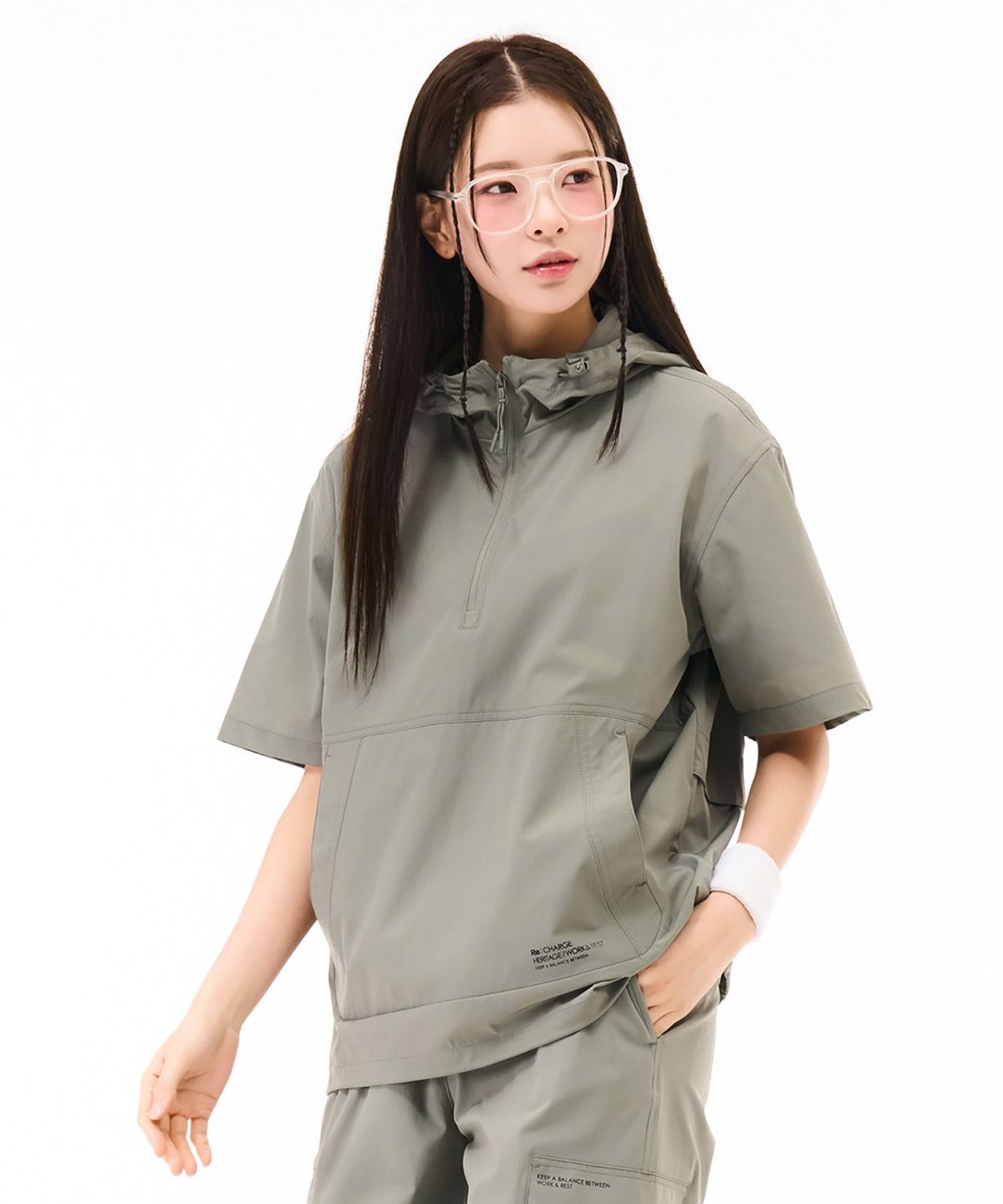 체이스컬트(CHASECULT) 공용 쿨 스트레치 후드 반팔 아노락 티셔츠-카키