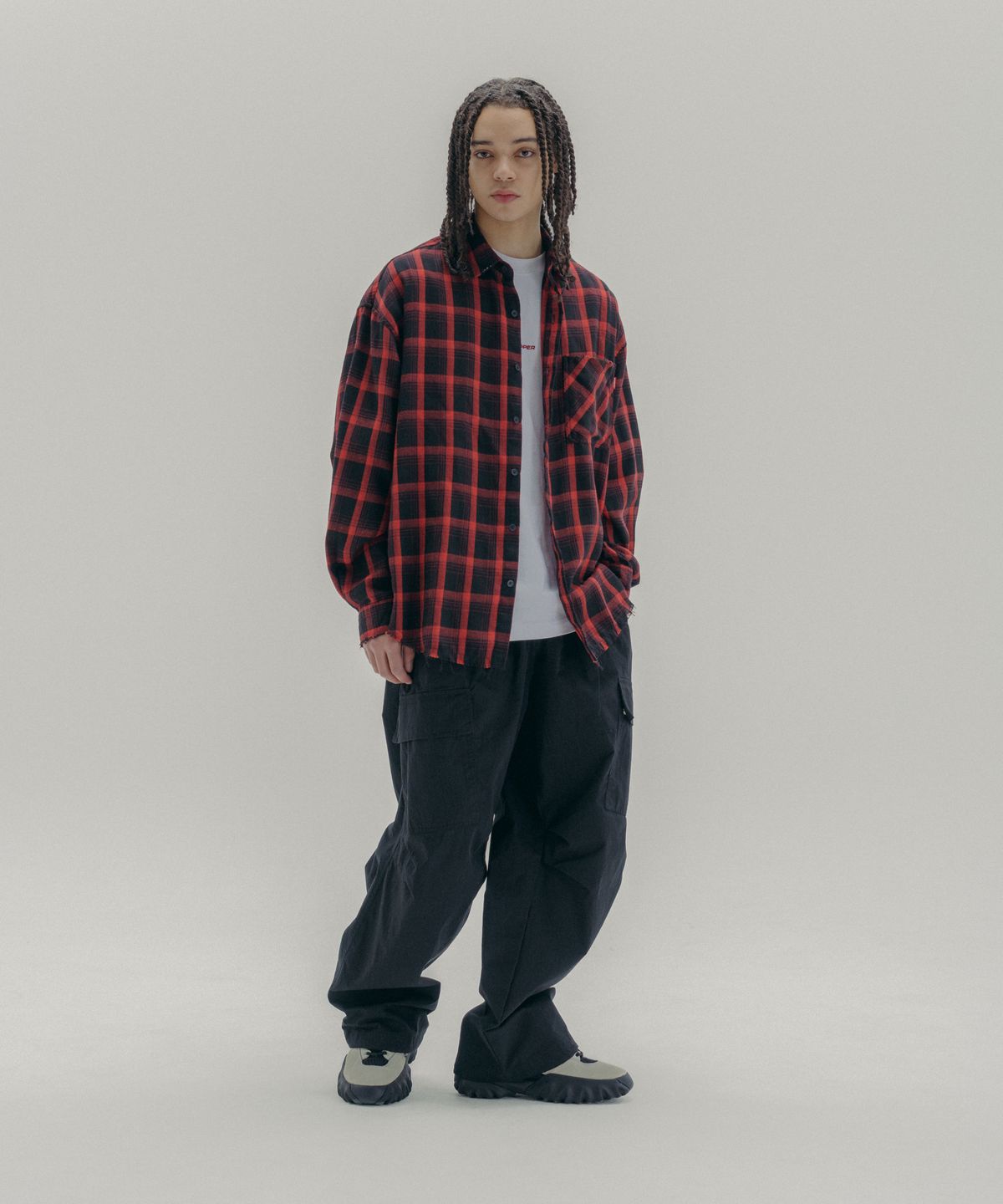 피에스쇼퍼(PSSHOPPER) 오버핏 데미지 워싱 체크셔츠 [레드]