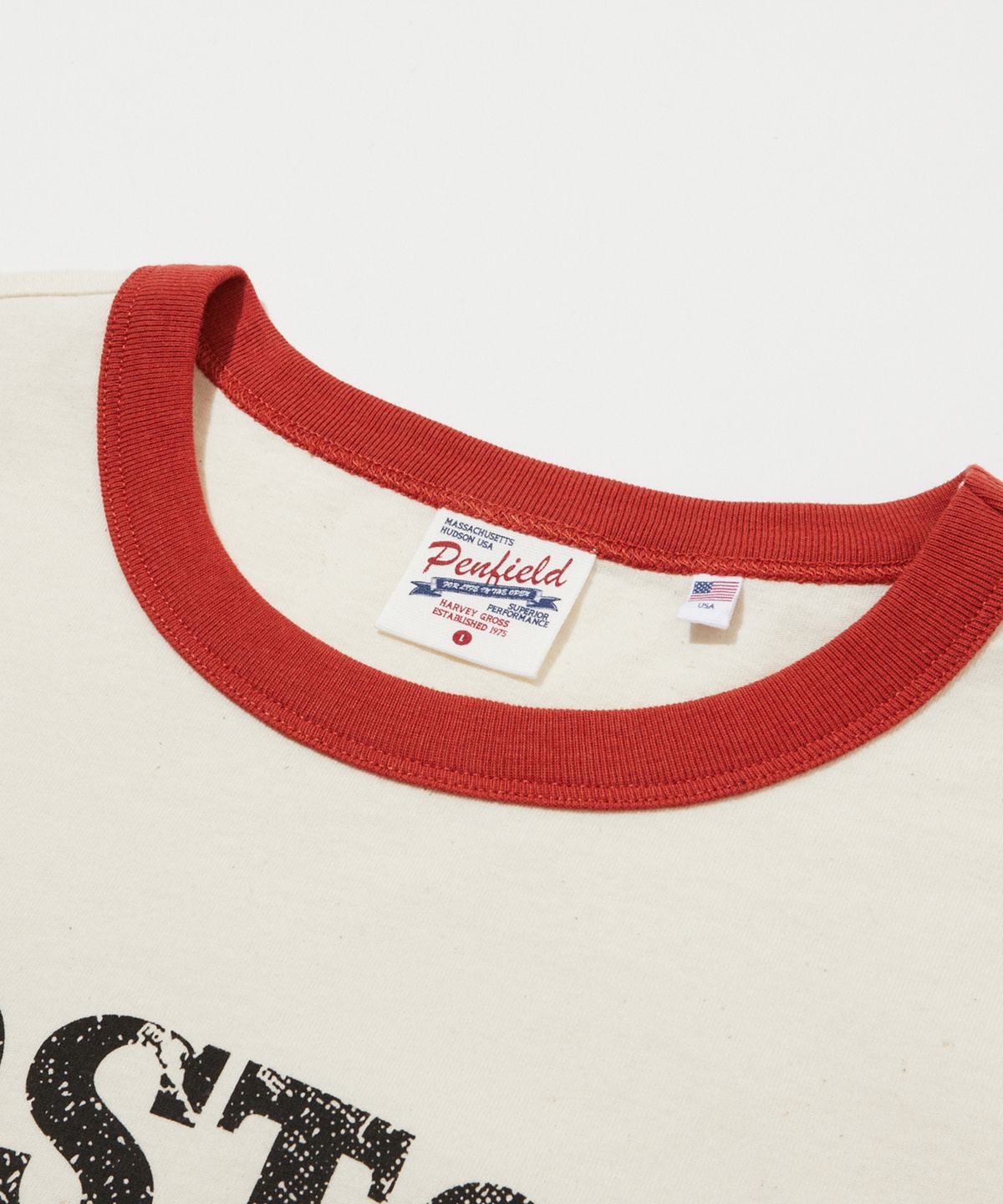 펜필드(PENFIELD) 보스톤 레터링 빈티지 그래픽 링거 반팔티 아이보리_FS2KT71U