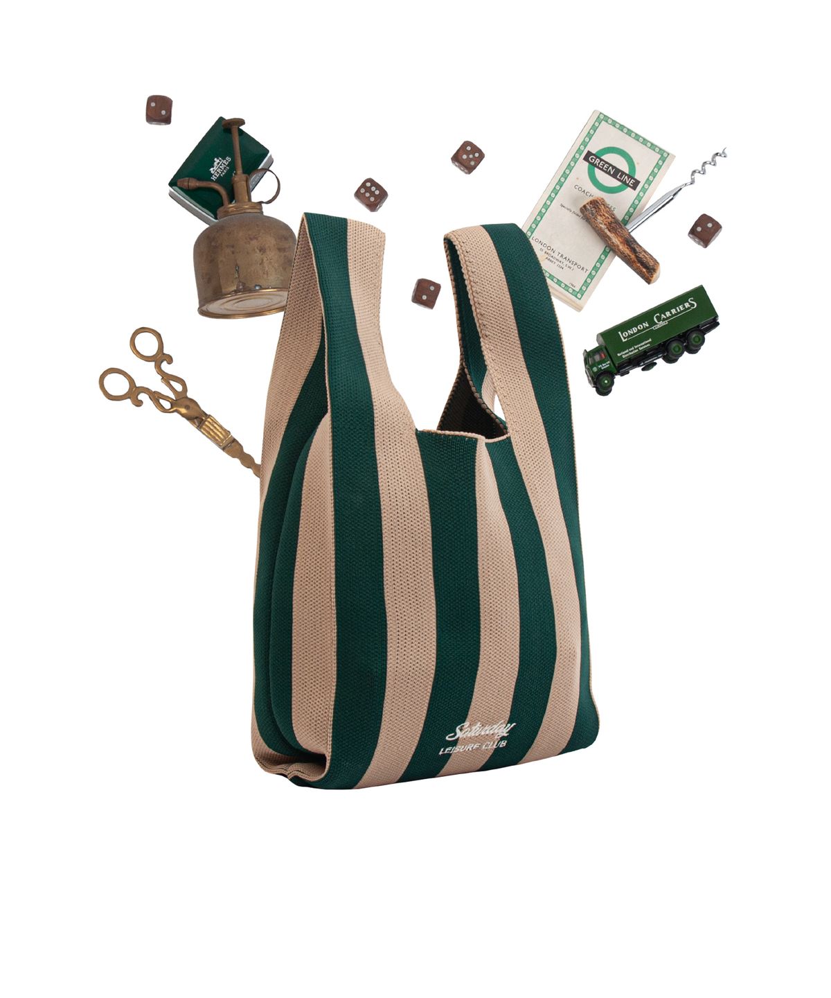세러데이 레저 클럽(SATURDAY LEISURE CLUB) Stripe Knit Tote Bag - Green & Beige