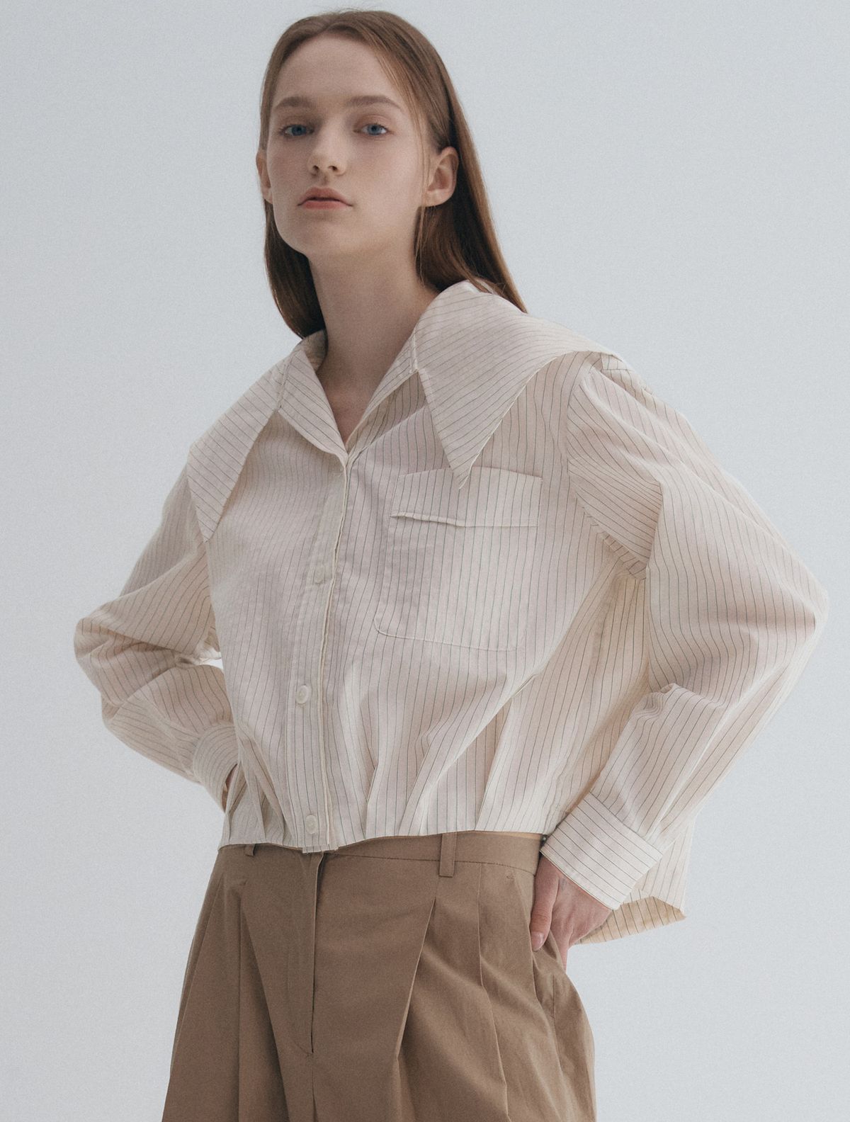 그레이데시온(GRAYDATION) 와이드 카라 블루종 셔츠 LIGHT YELLOW