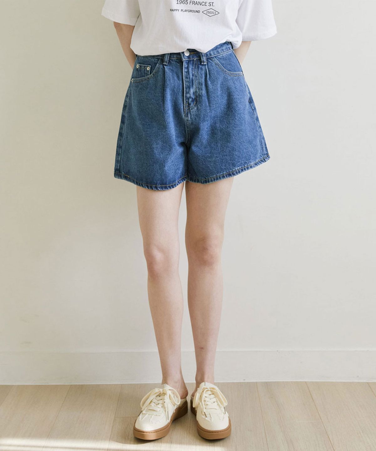 슬로우롤리(SLOWLOLLI) Flare denim short pants_4 Colors